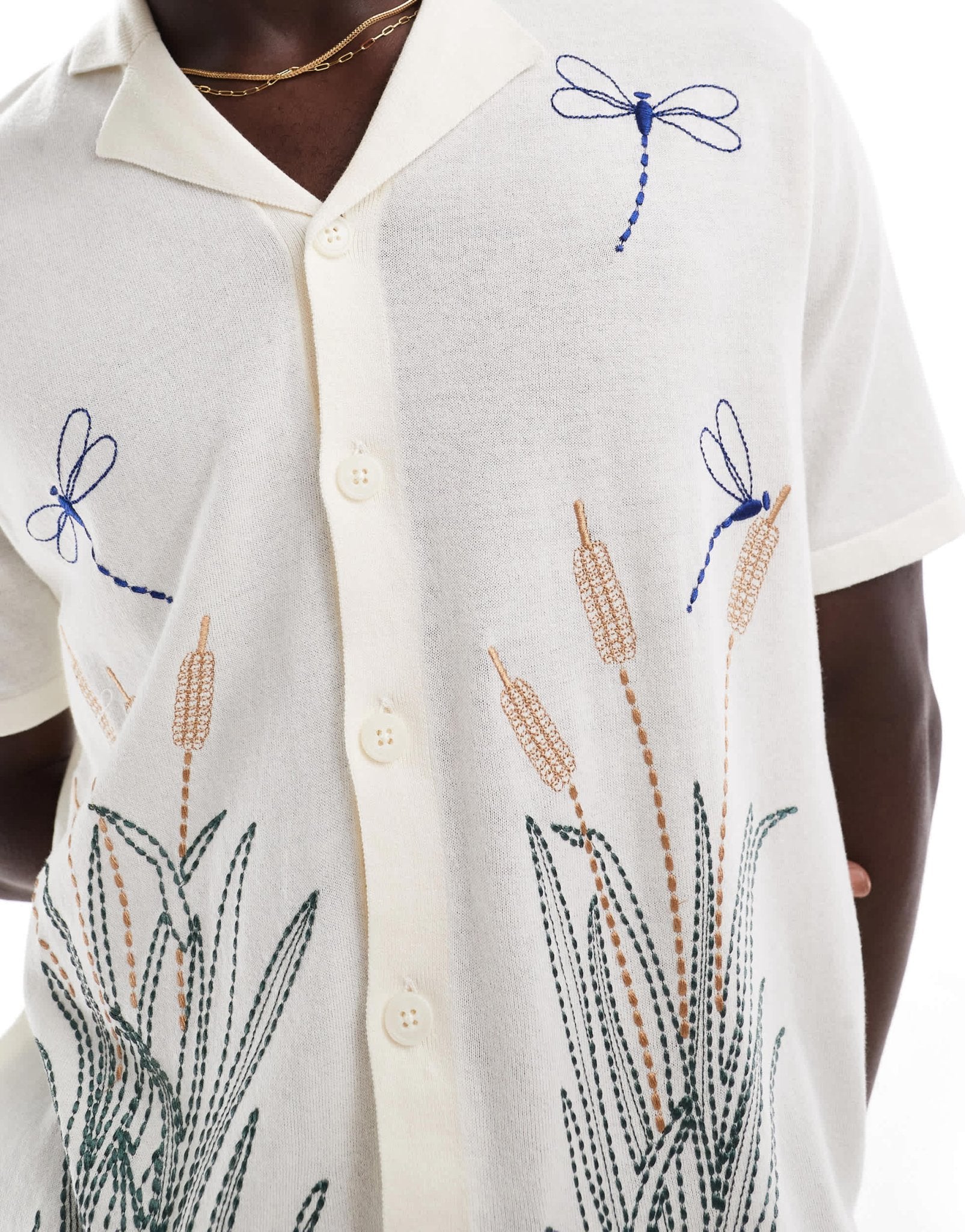 ASOS DESIGN relaxed knitted button through polo with dragonfly embroidery in ecru - ASOS Sample Sale EU Store