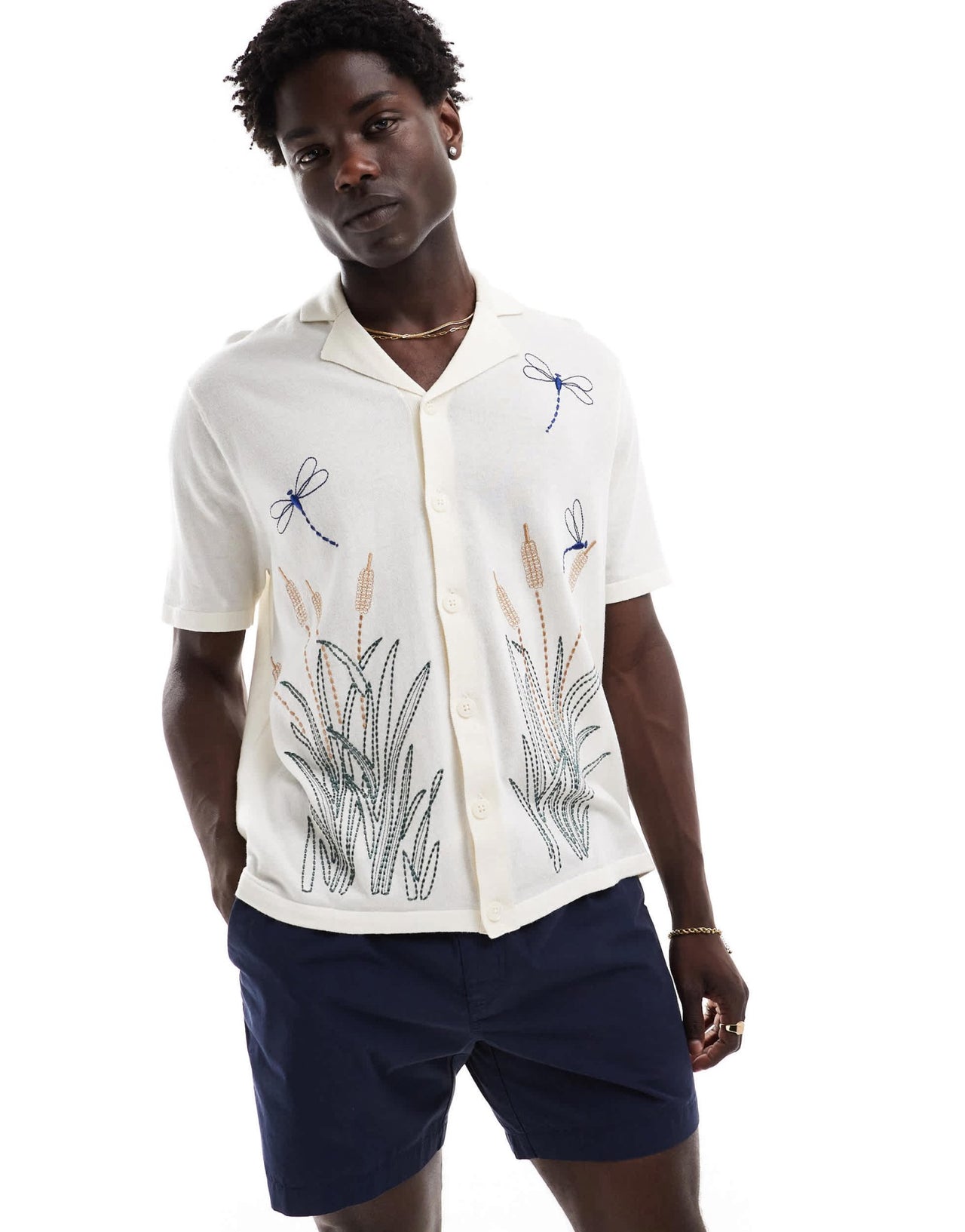 ASOS DESIGN relaxed knitted button through polo with dragonfly embroidery in ecru - ASOS Sample Sale EU Store
