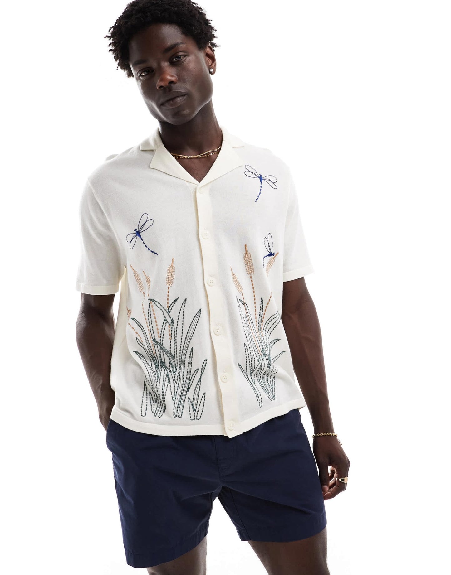 ASOS DESIGN relaxed knitted button through polo with dragonfly embroidery in ecru - ASOS Sample Sale EU Store
