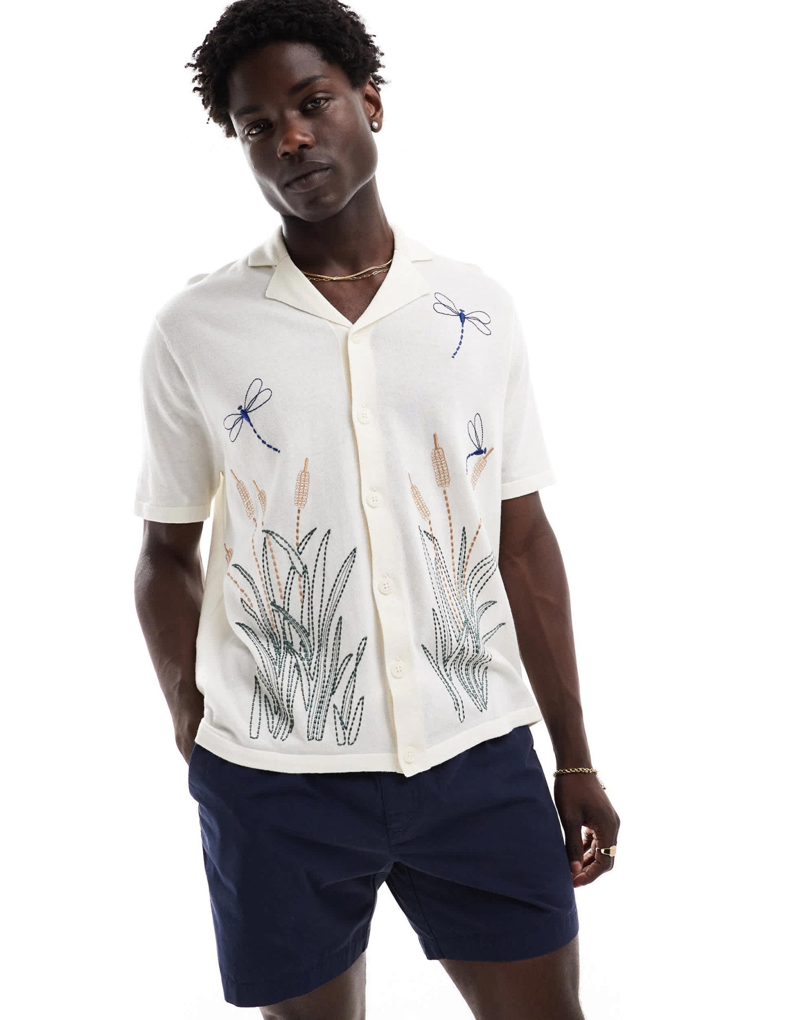 ASOS DESIGN relaxed knitted button through polo with dragonfly embroidery in ecru - ASOS Sample Sale EU Store