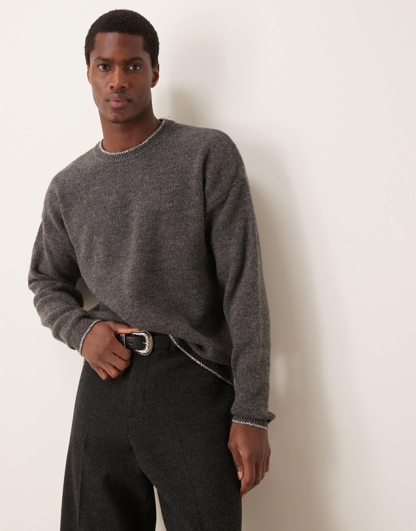 ASOS DESIGN relaxed knitted plush jumper in charcoal with contrast blanket stitch - ASOS Sample Sale EU Store