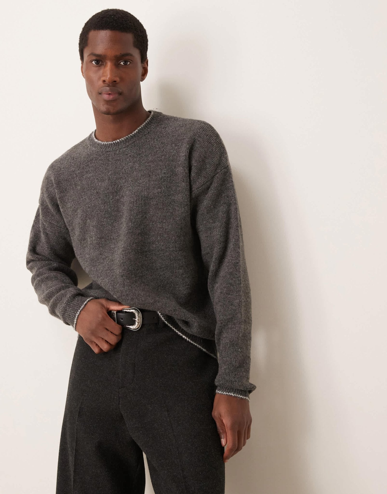ASOS DESIGN relaxed knitted plush jumper in charcoal with contrast blanket stitch - ASOS Sample Sale EU Store