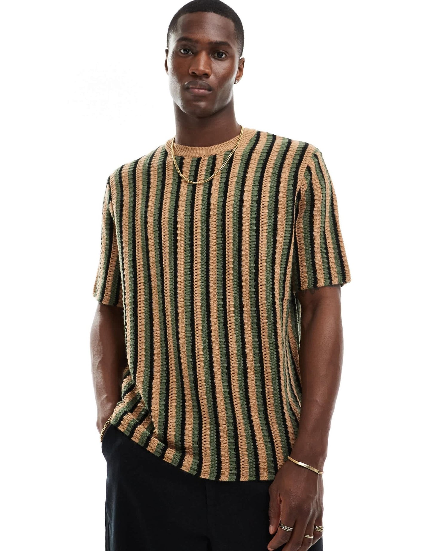 ASOS DESIGN relaxed knitted t-shirt in green textured stripe - ASOS Sample Sale EU Store