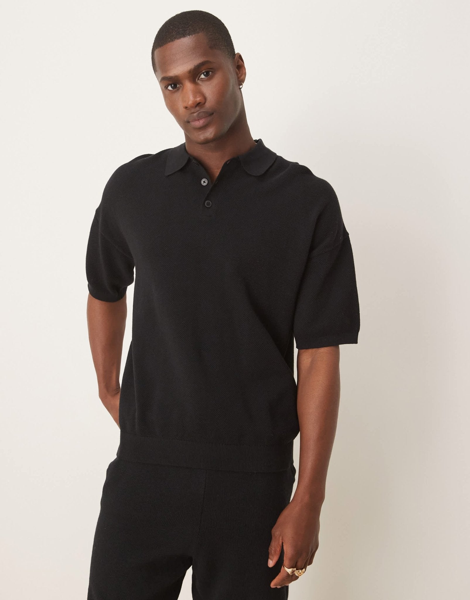 ASOS DESIGN relaxed lightweight knitted cotton pique polo in black - ASOS Sample Sale EU Store
