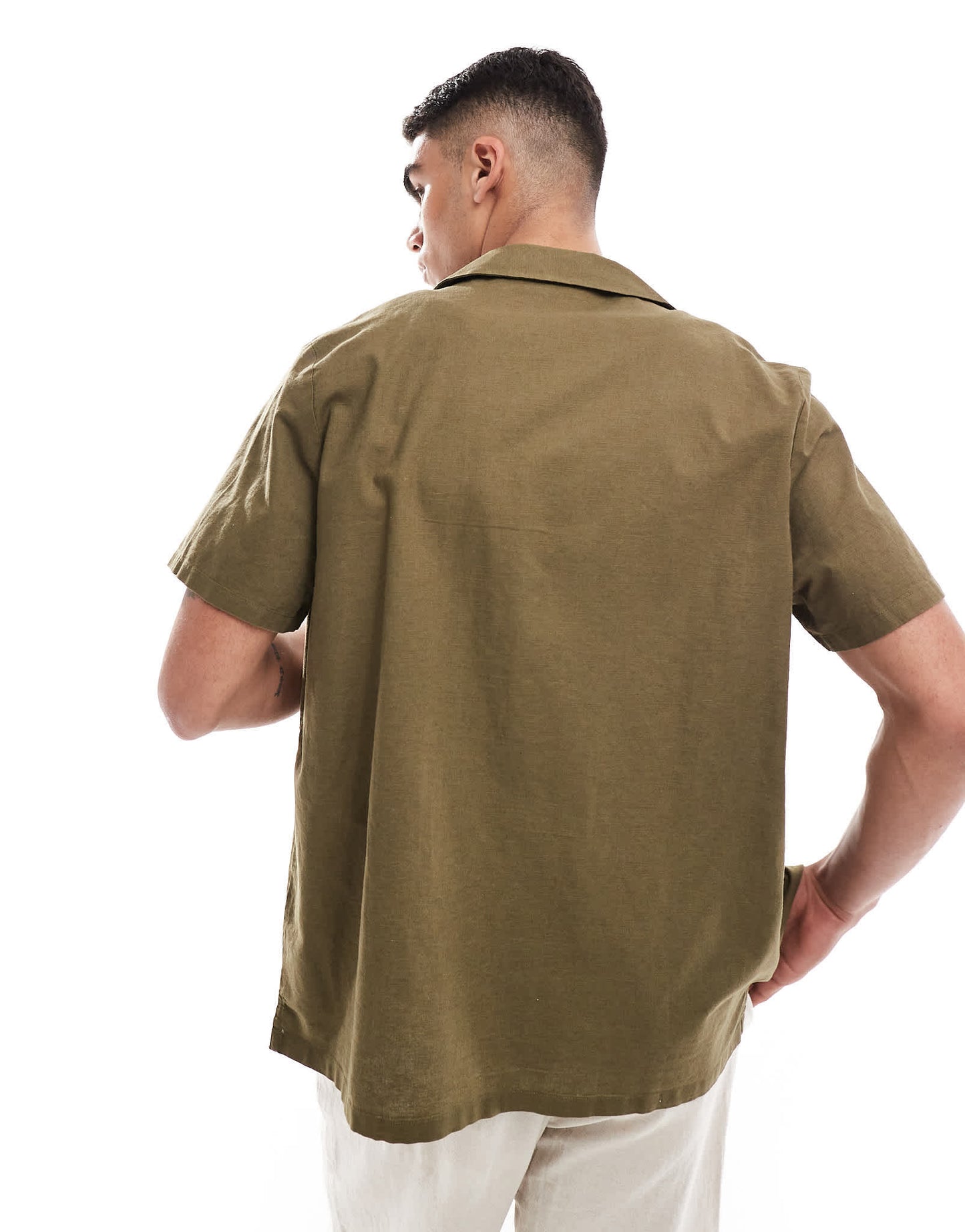 ASOS DESIGN relaxed linen blend shirt with deep revere collar in dark khaki - ASOS Sample Sale EU Store
