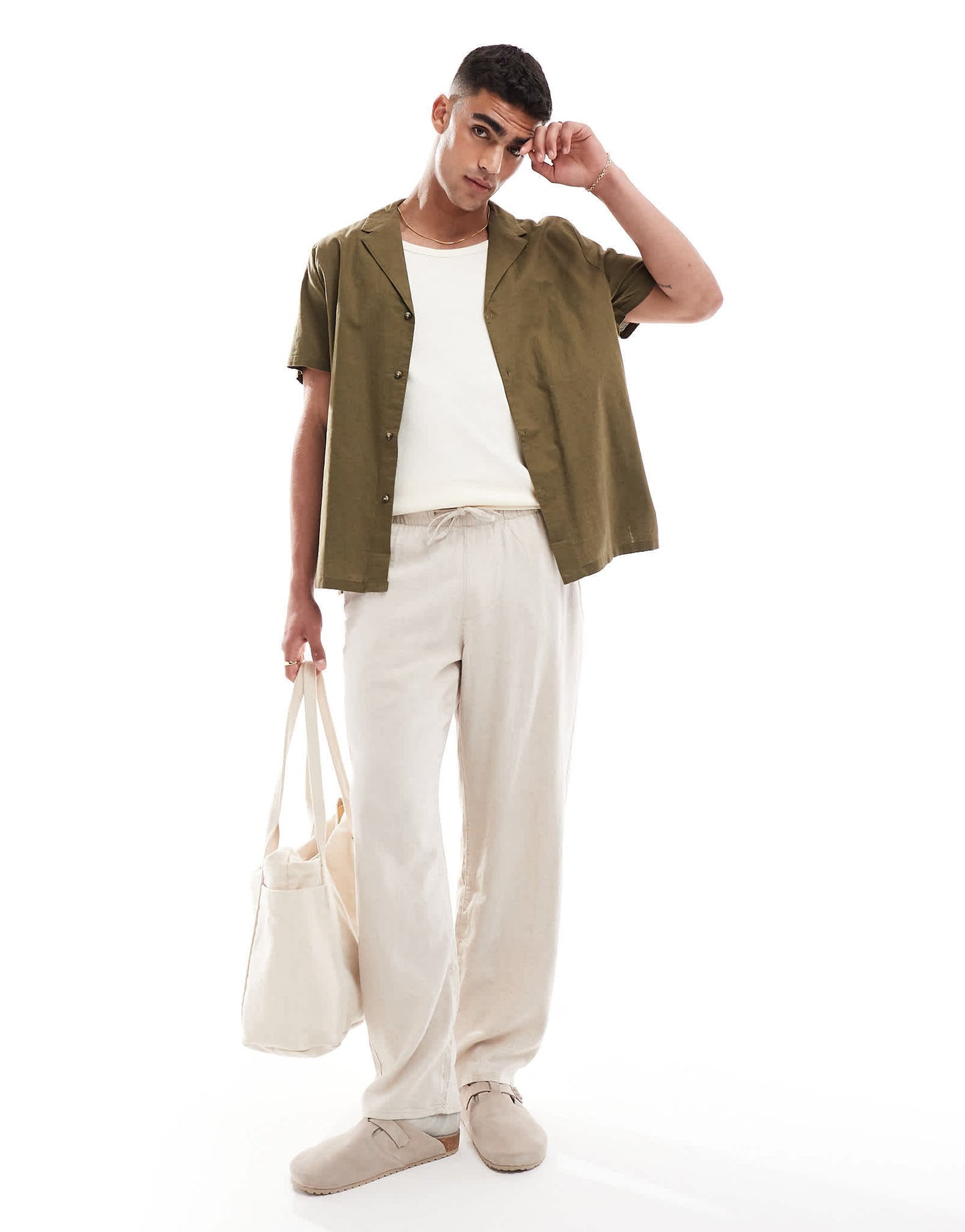 ASOS DESIGN relaxed linen blend shirt with deep revere collar in dark khaki - ASOS Sample Sale EU Store