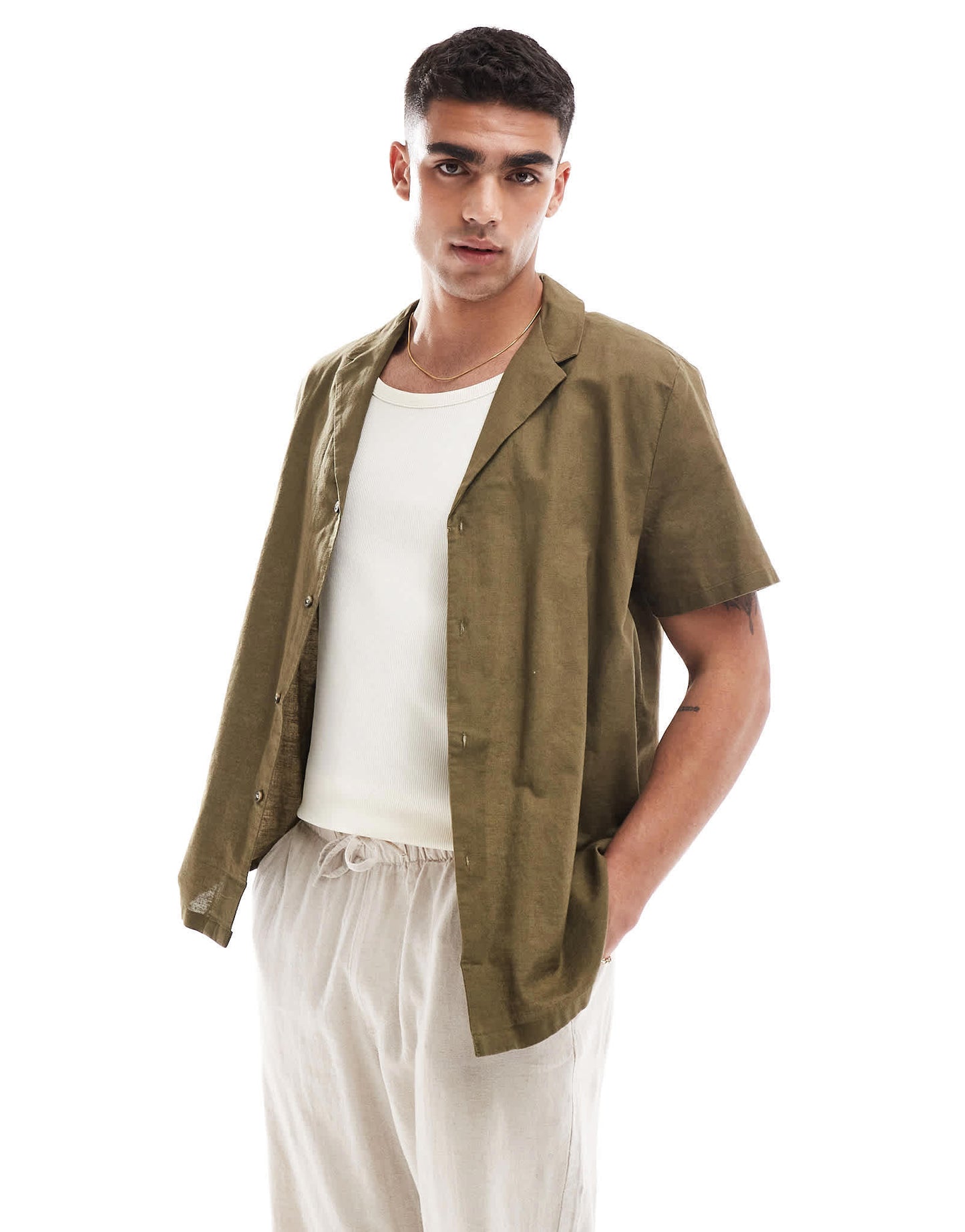 ASOS DESIGN relaxed linen blend shirt with deep revere collar in dark khaki - ASOS Sample Sale EU Store