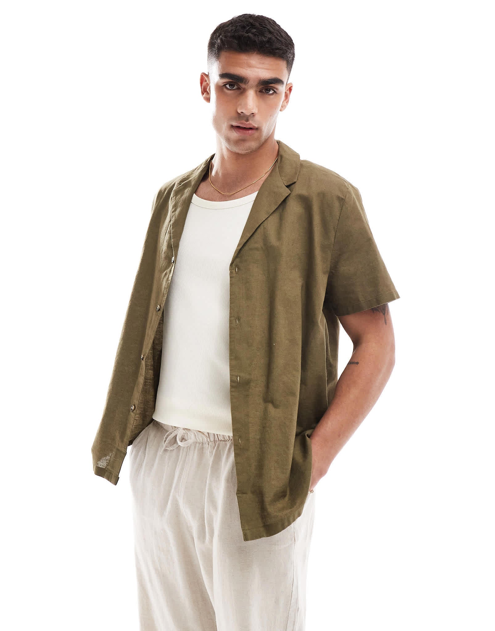ASOS DESIGN relaxed linen blend shirt with deep revere collar in dark khaki - ASOS Sample Sale EU Store