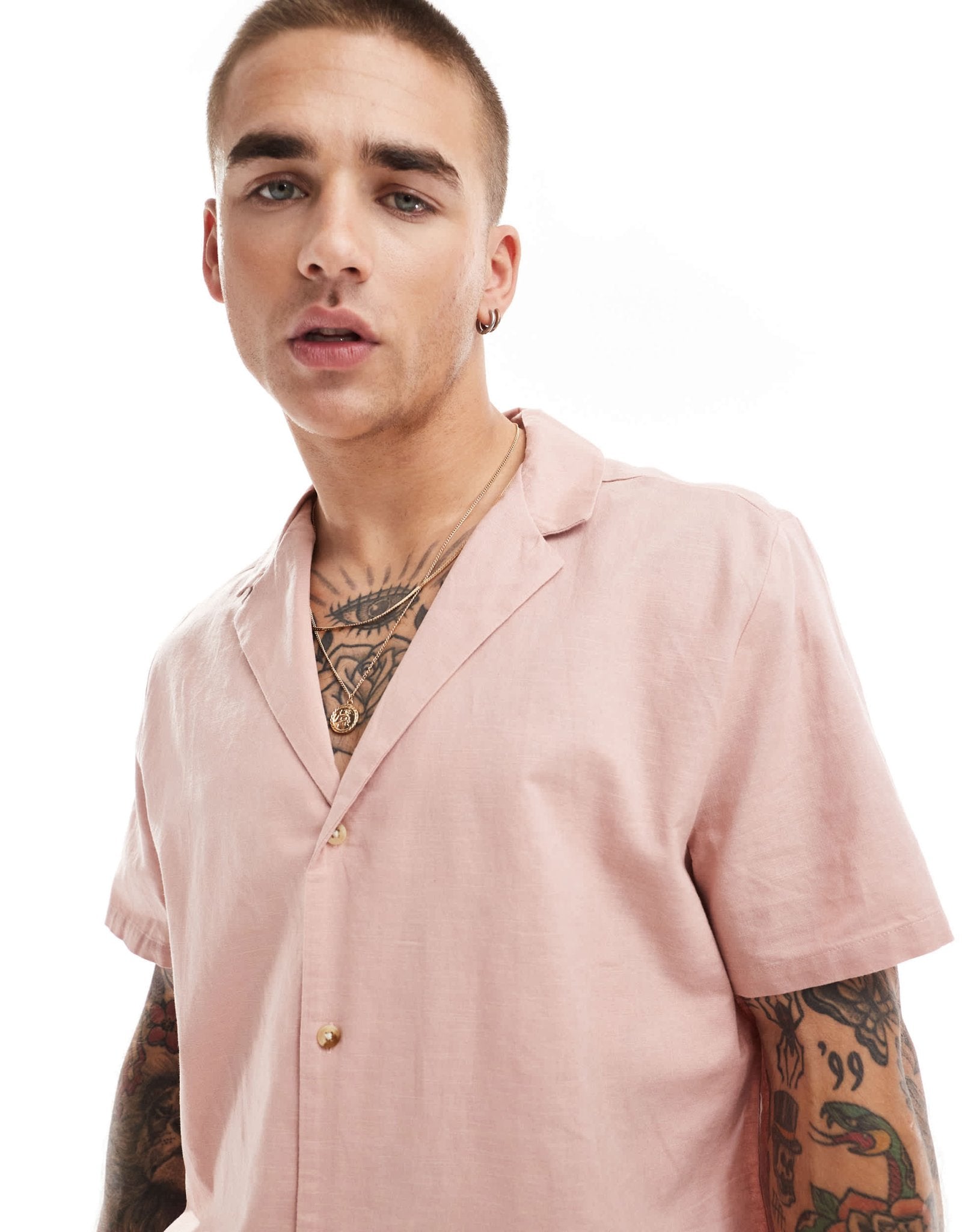 ASOS DESIGN relaxed linen blend shirt with deep revere collar in dusty pink - ASOS Sample Sale EU Store