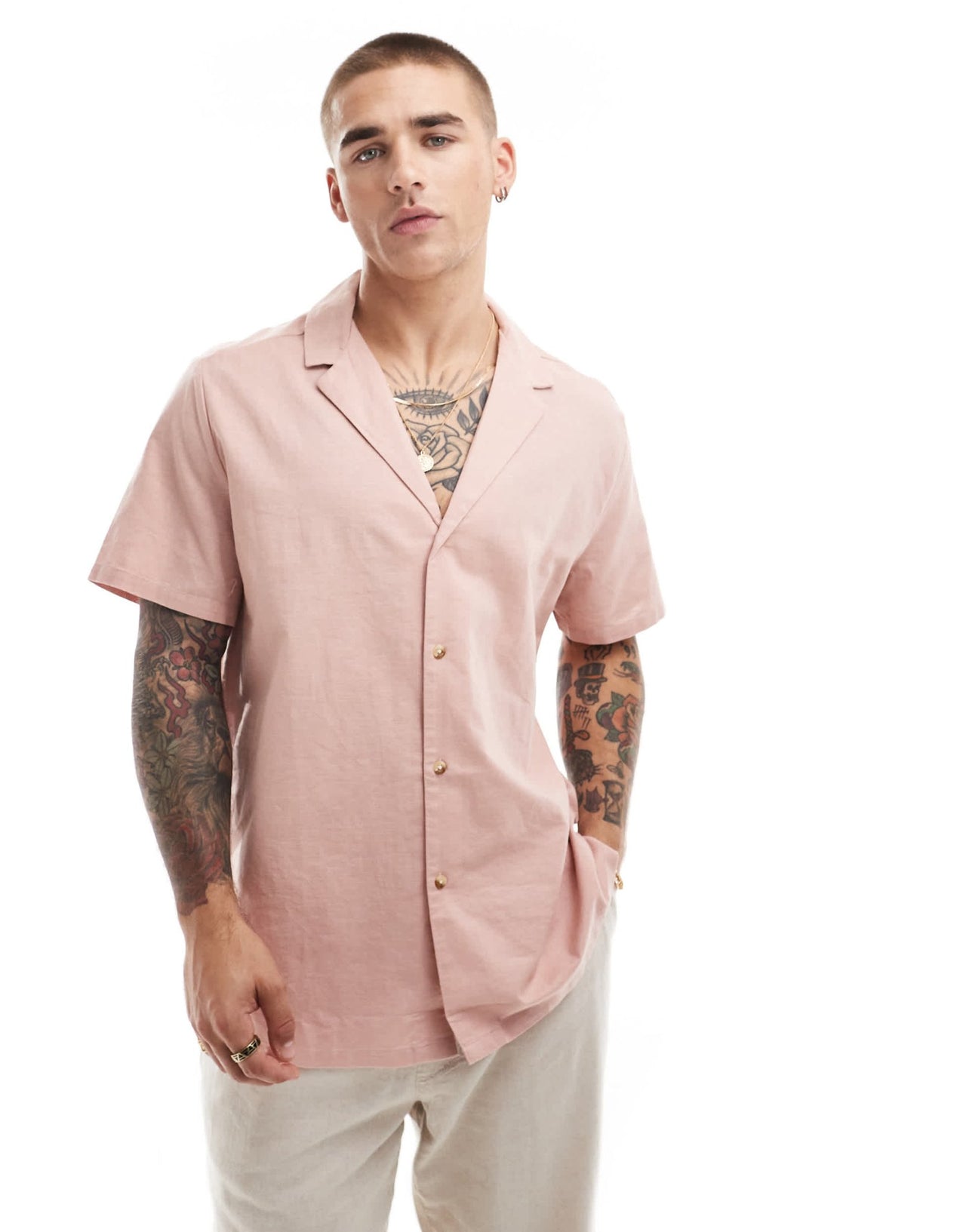 ASOS DESIGN relaxed linen blend shirt with deep revere collar in dusty pink - ASOS Sample Sale EU Store
