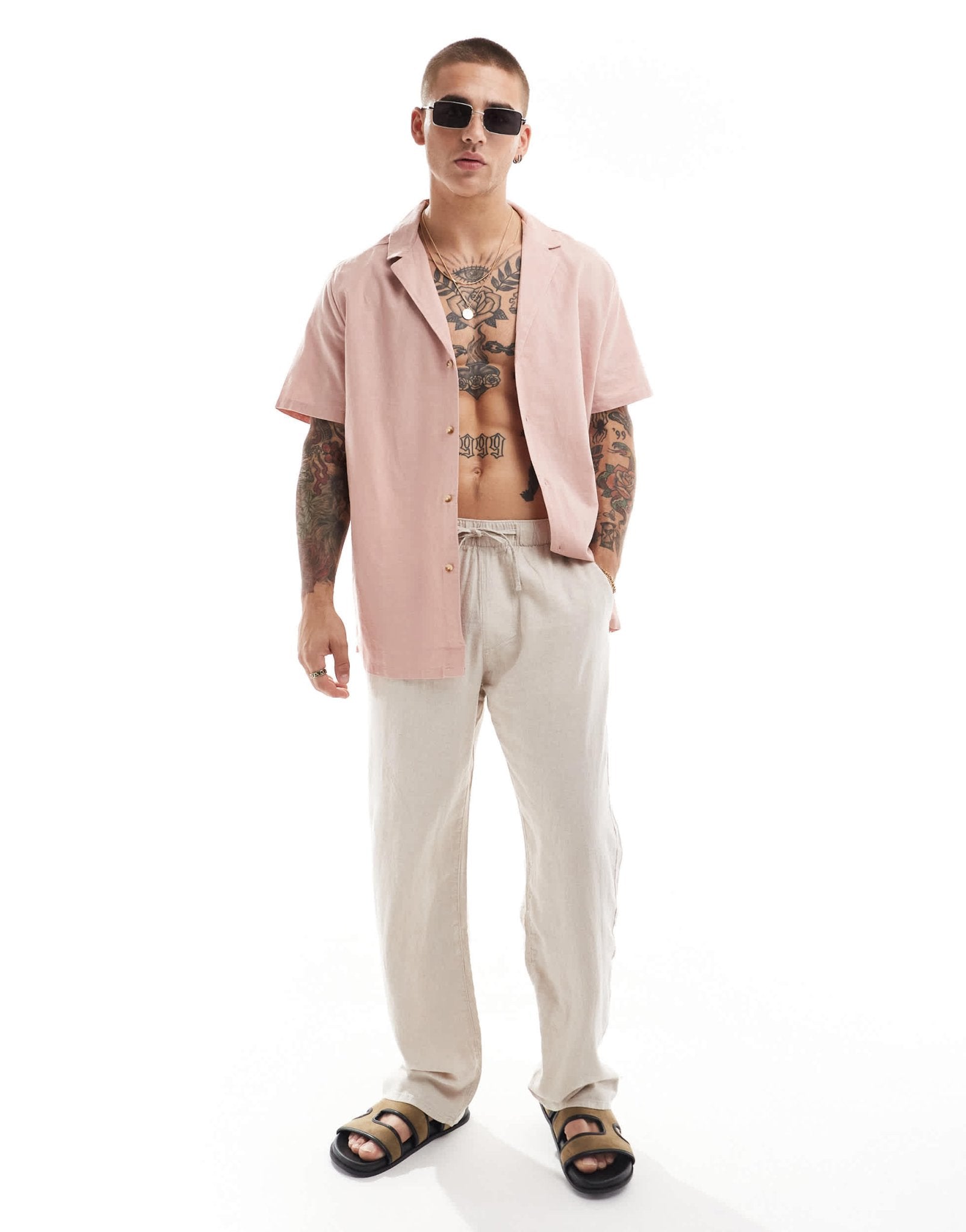ASOS DESIGN relaxed linen blend shirt with deep revere collar in dusty pink - ASOS Sample Sale EU Store