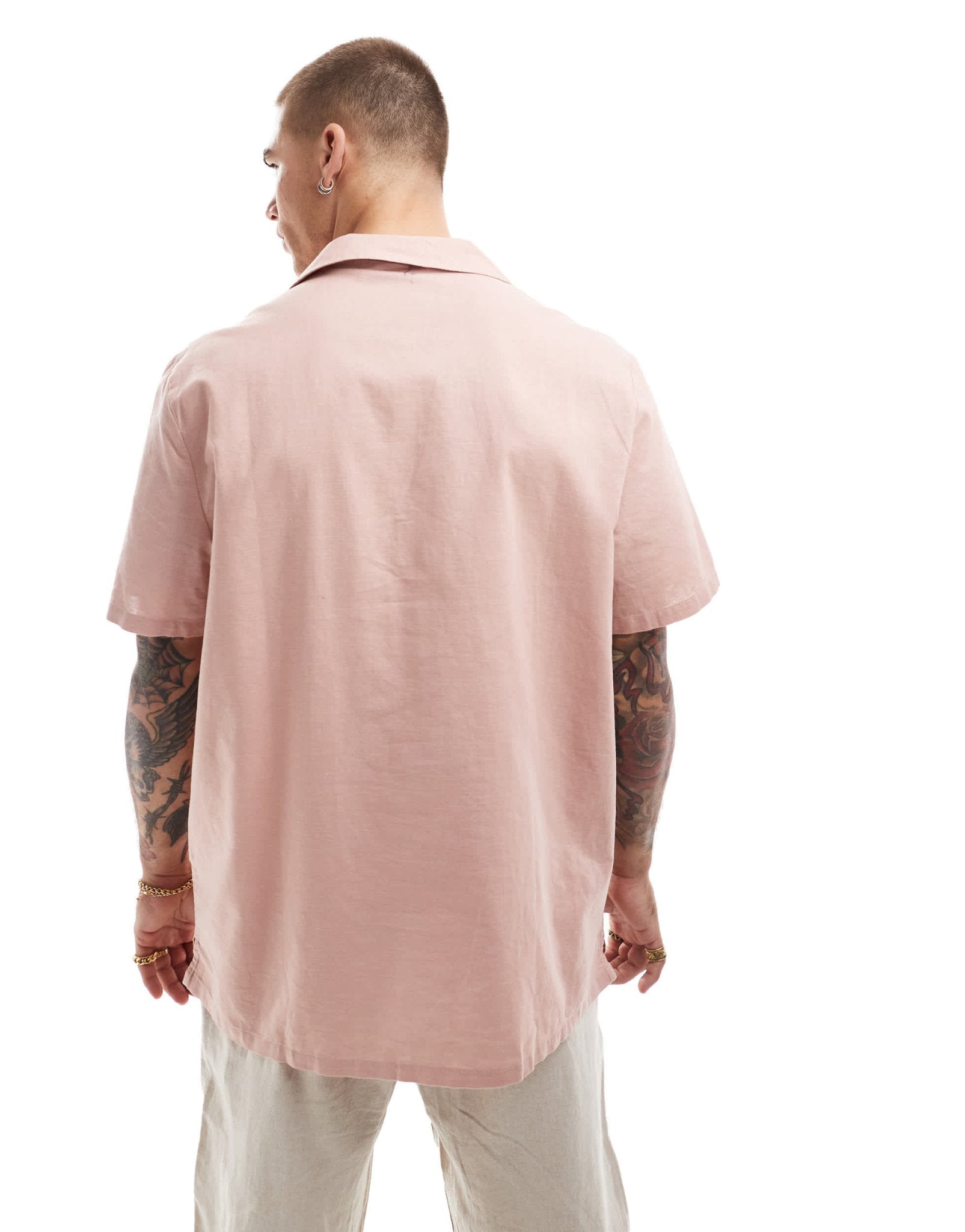 ASOS DESIGN relaxed linen blend shirt with deep revere collar in dusty pink - ASOS Sample Sale EU Store