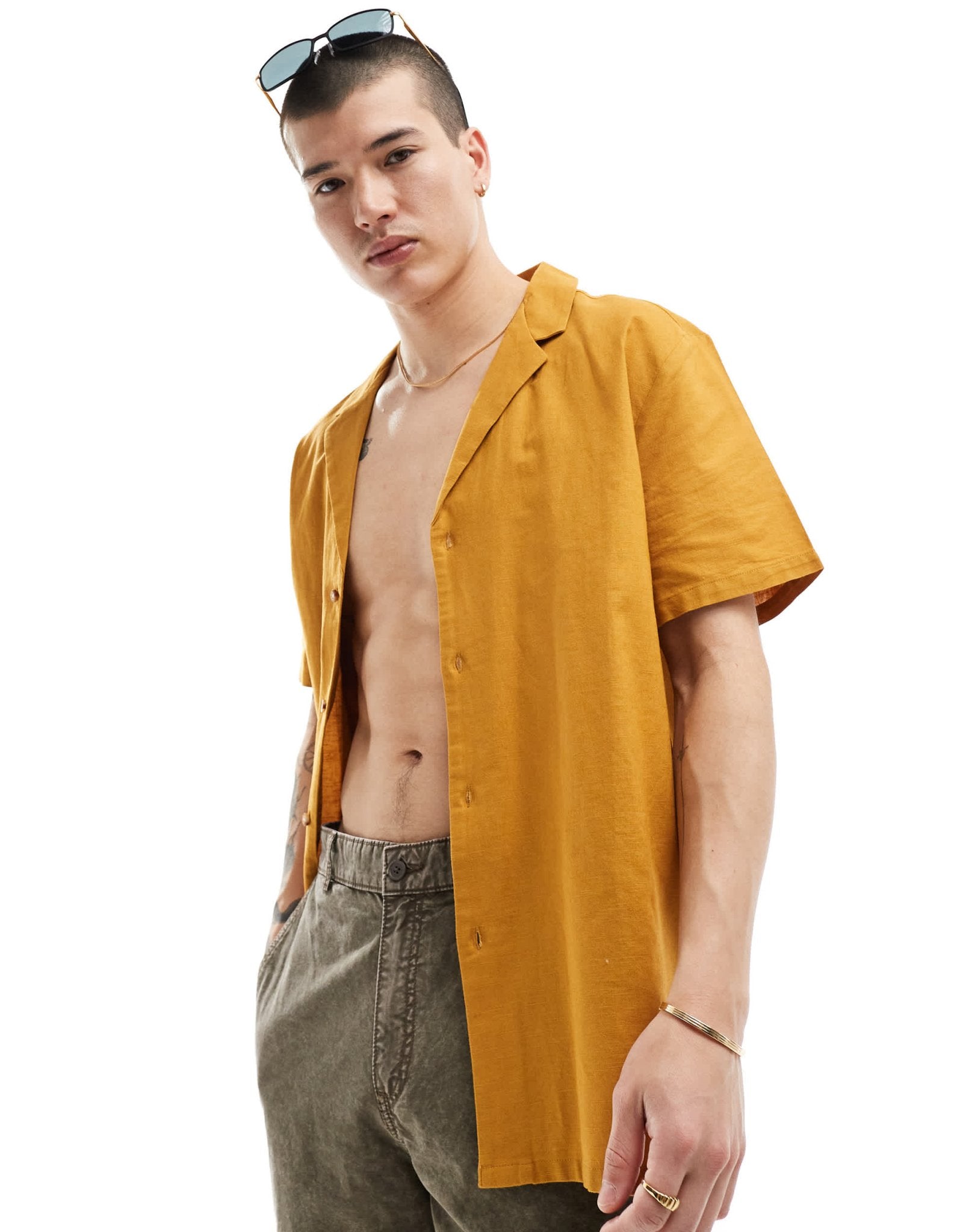 ASOS DESIGN relaxed linen blend shirt with deep revere collar in mustard - ASOS Sample Sale EU Store
