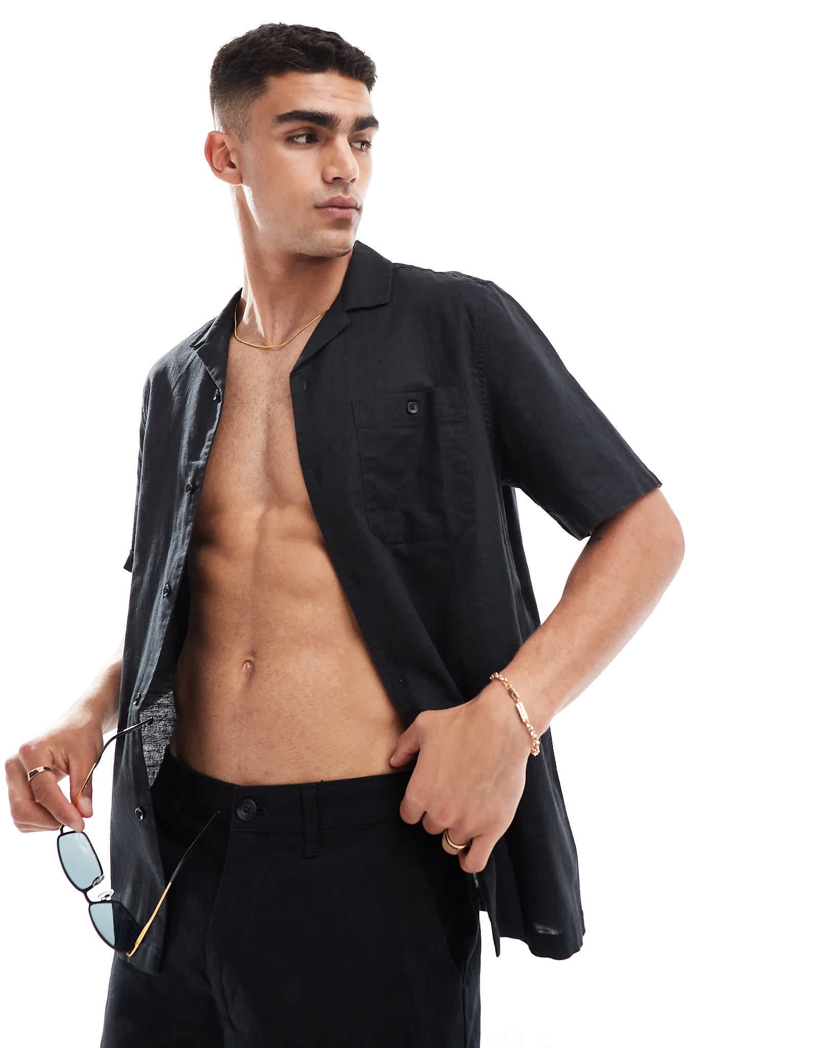 ASOS DESIGN relaxed linen blend shirt with revere collar in black - ASOS Sample Sale EU Store