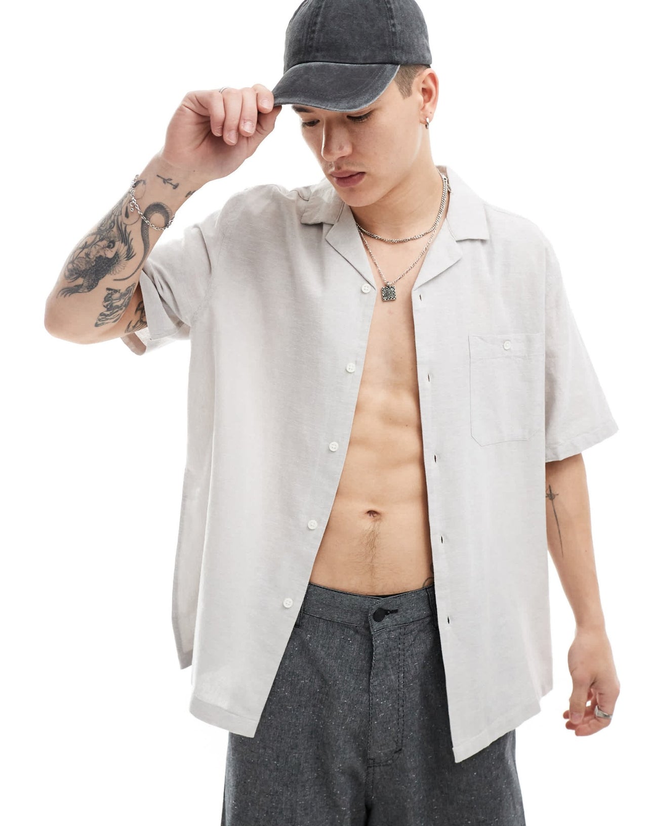 ASOS DESIGN relaxed linen blend shirt with revere collar in light grey - ASOS Sample Sale EU Store