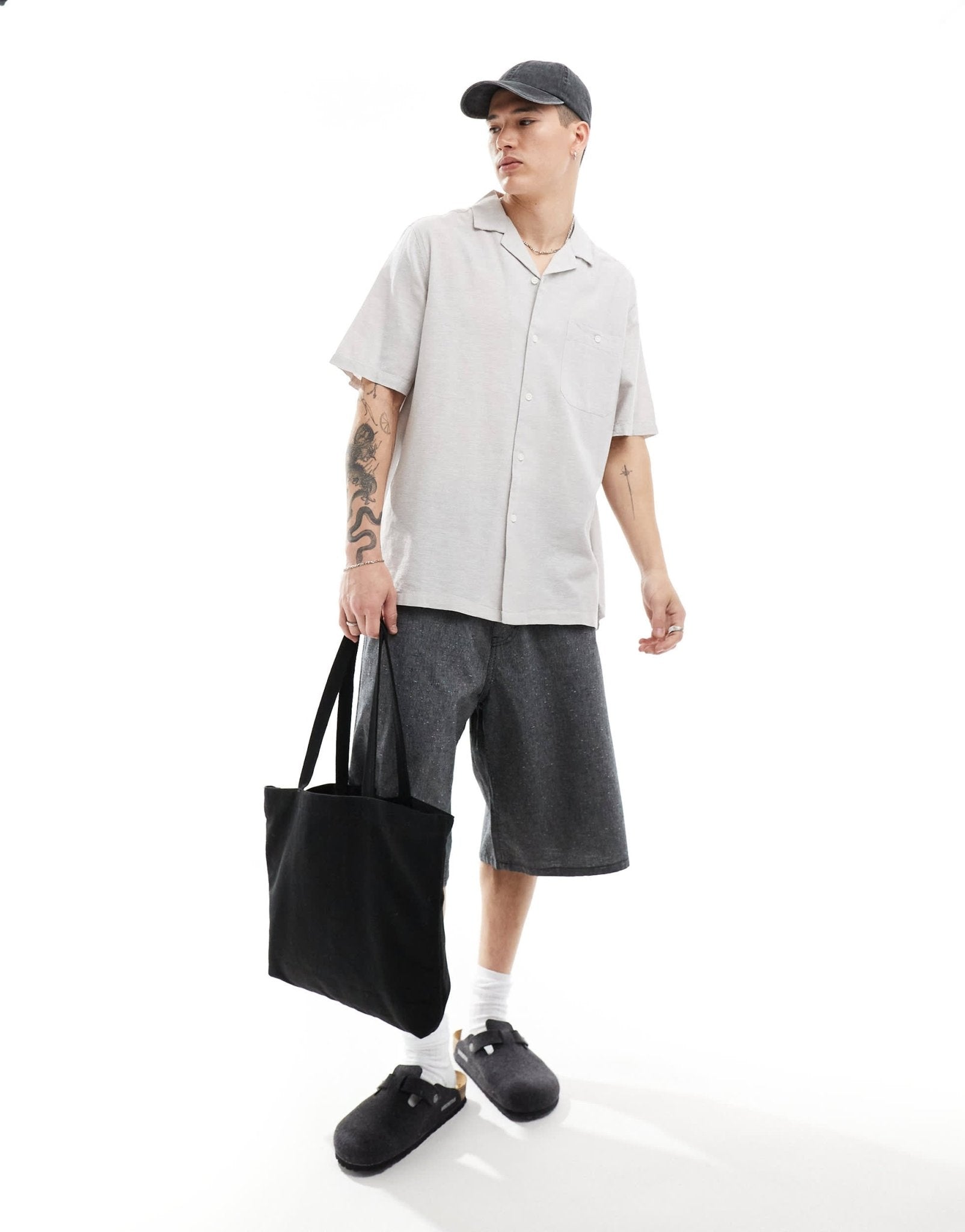 ASOS DESIGN relaxed linen blend shirt with revere collar in light grey - ASOS Sample Sale EU Store