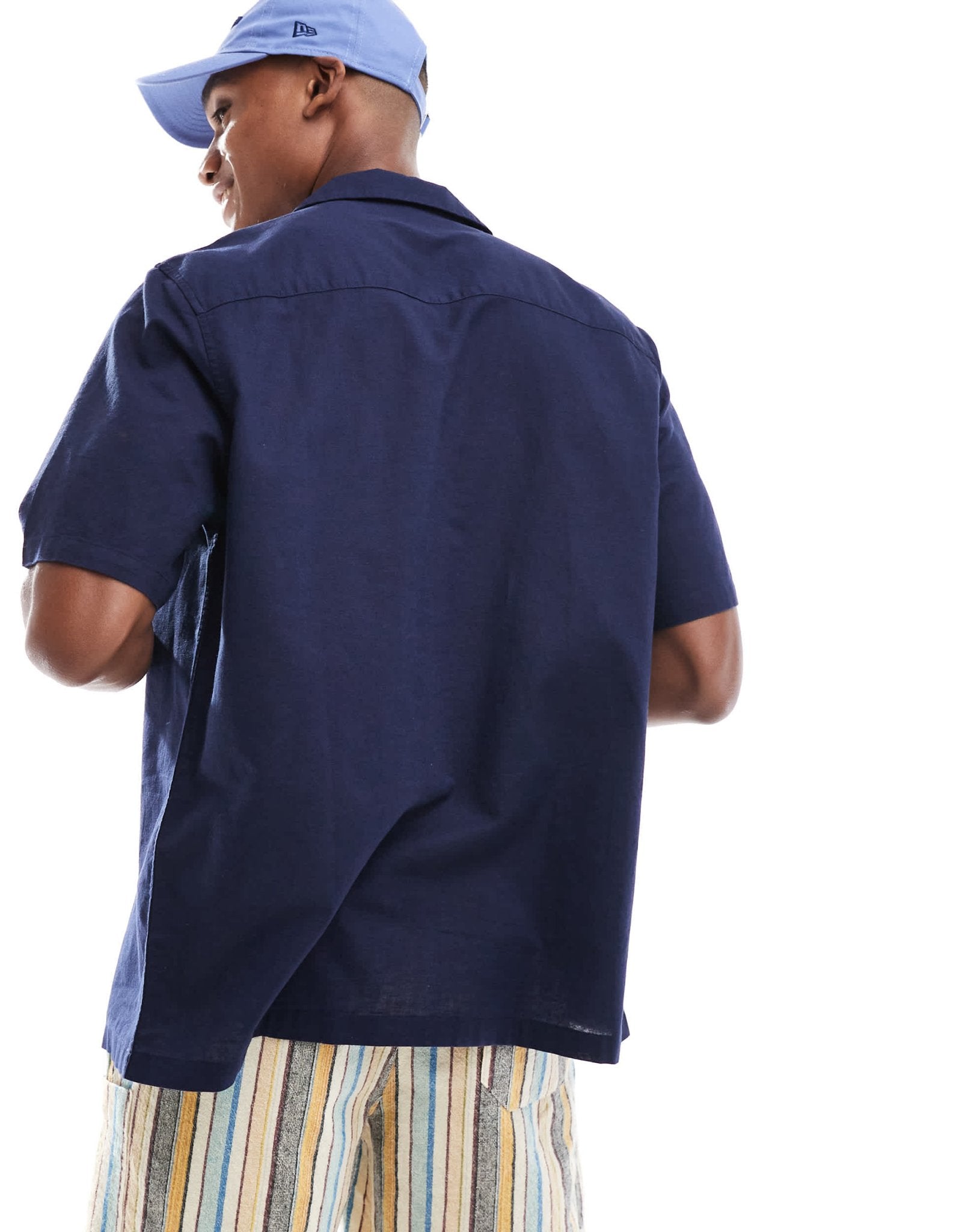 ASOS DESIGN relaxed linen blend shirt with revere collar in navy - ASOS Sample Sale EU Store