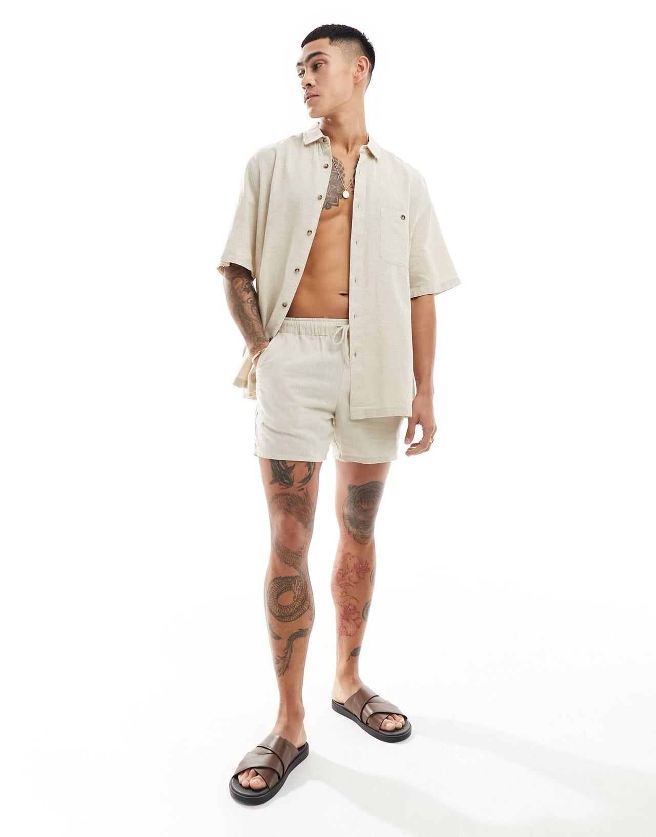 ASOS DESIGN relaxed linen blend shirt with square collar in beige - ASOS Sample Sale EU Store