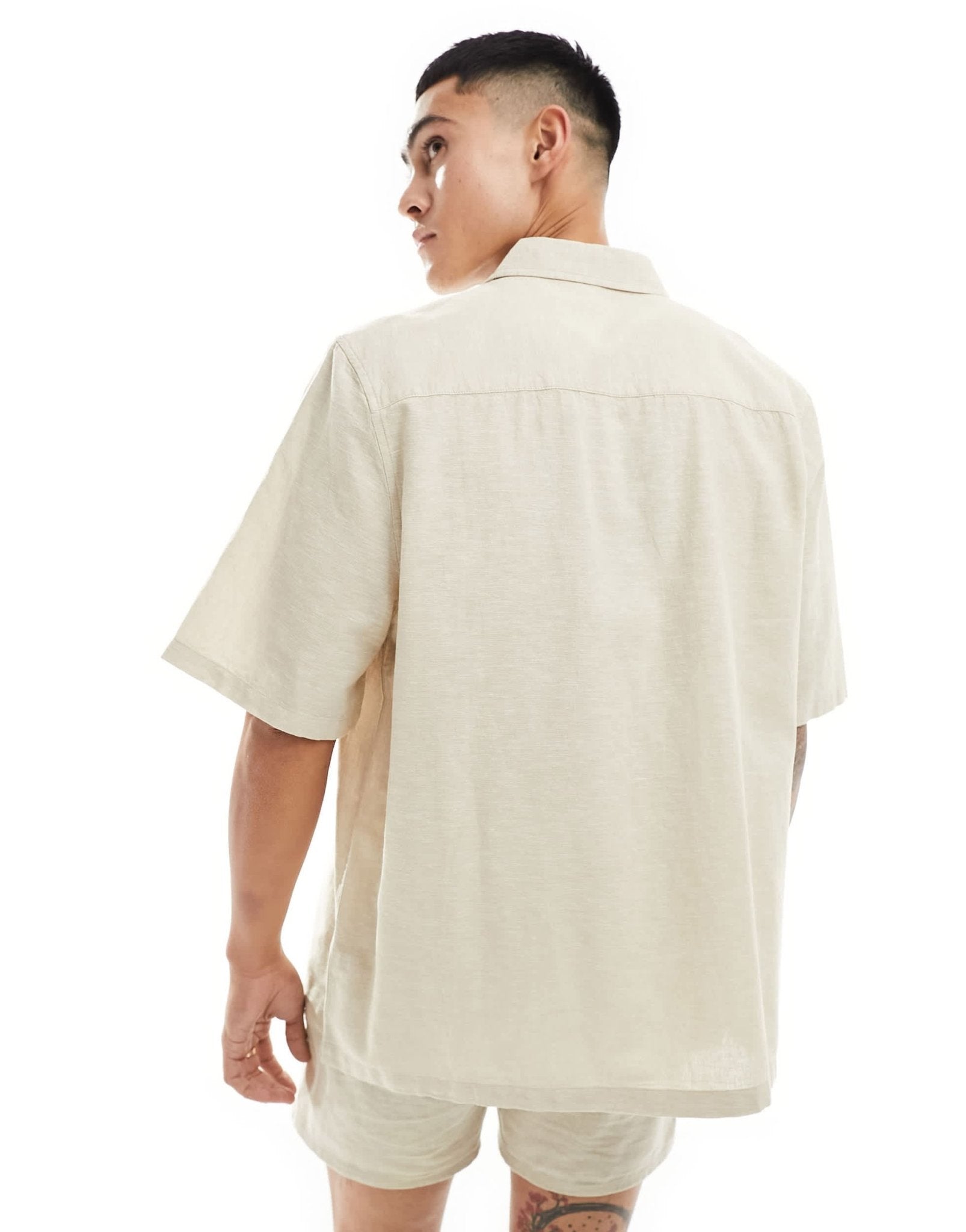 ASOS DESIGN relaxed linen blend shirt with square collar in beige - ASOS Sample Sale EU Store