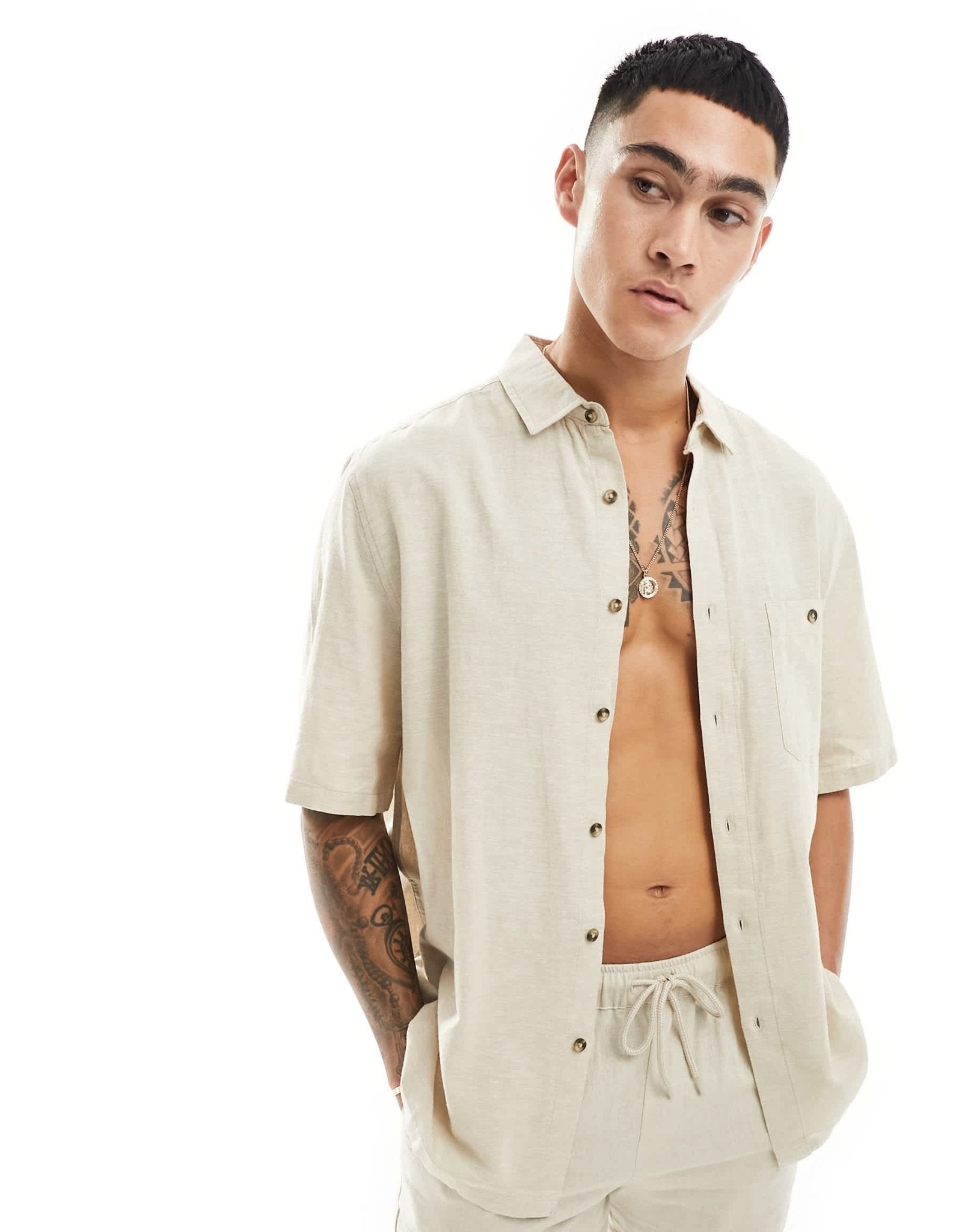 ASOS DESIGN relaxed linen blend shirt with square collar in beige - ASOS Sample Sale EU Store