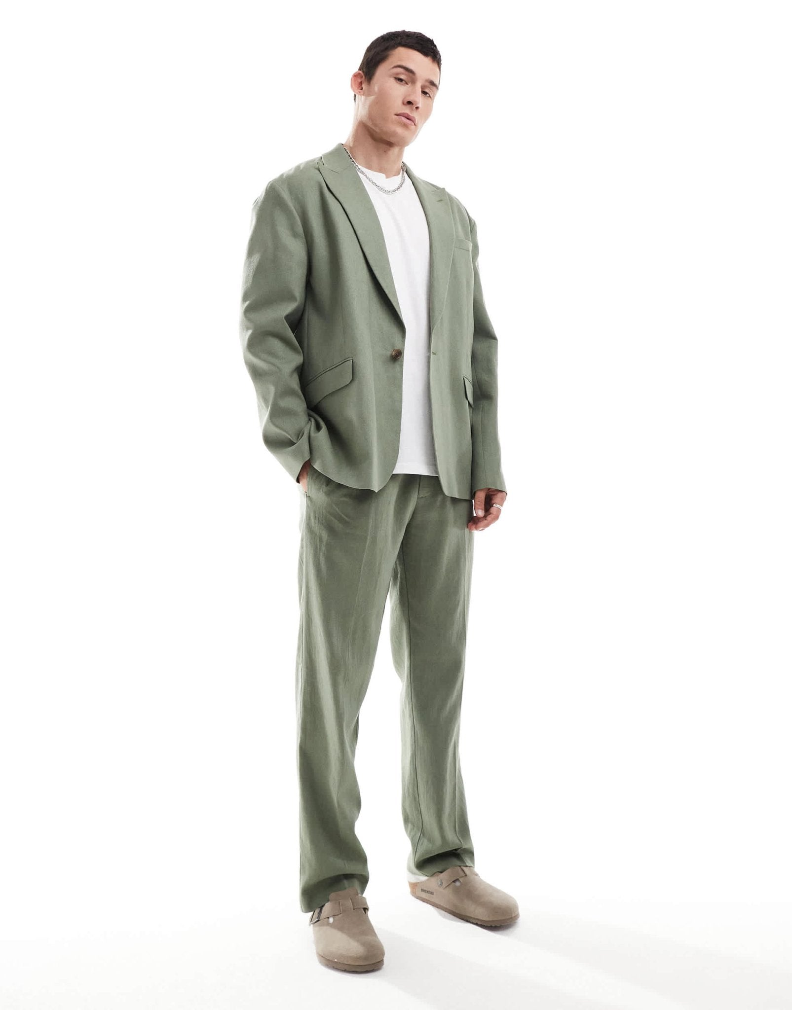 ASOS DESIGN relaxed linen blend slouchy suit jacket in olive green - ASOS Sample Sale EU Store