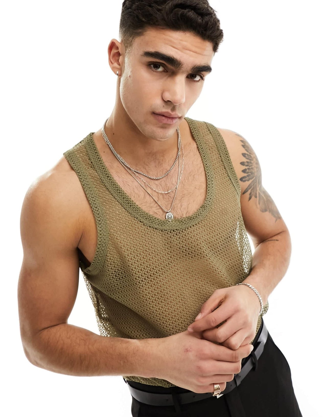 ASOS DESIGN relaxed neck open mesh vest in khaki - ASOS Sample Sale EU Store