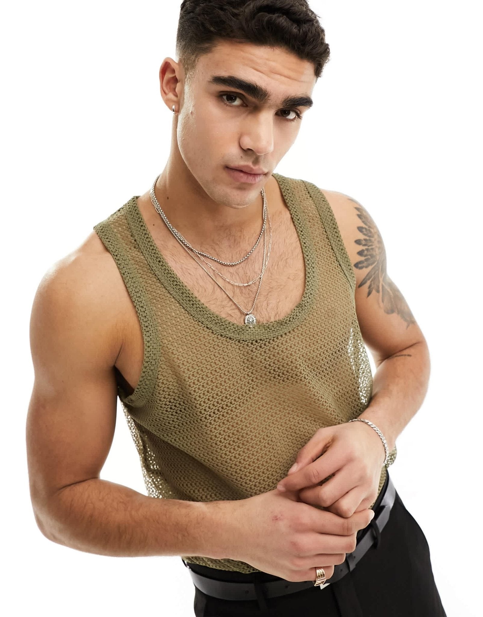 ASOS DESIGN relaxed neck open mesh vest in khaki - ASOS Sample Sale EU Store