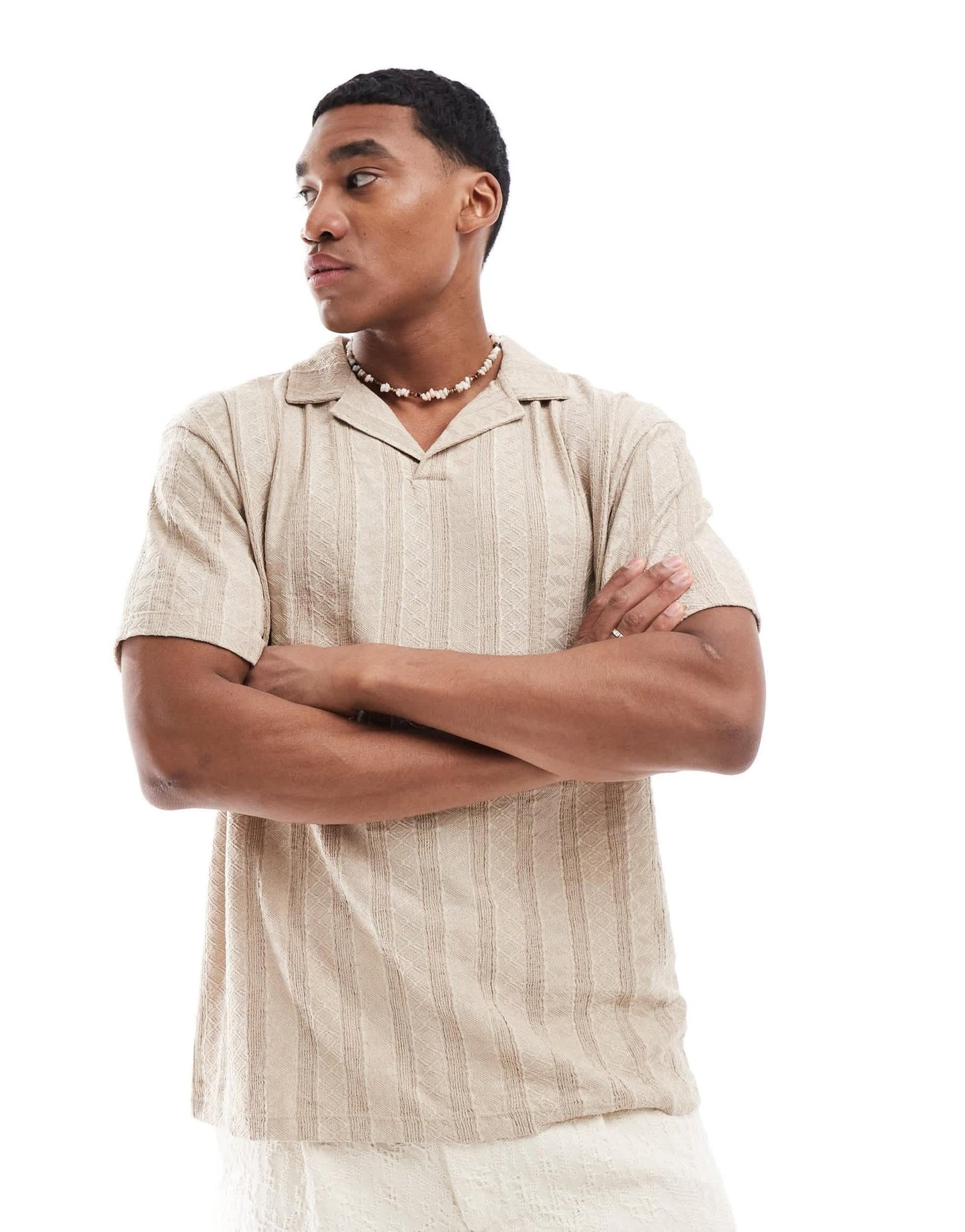 ASOS DESIGN relaxed polo with revere collar in beige textured stripe - ASOS Sample Sale EU Store