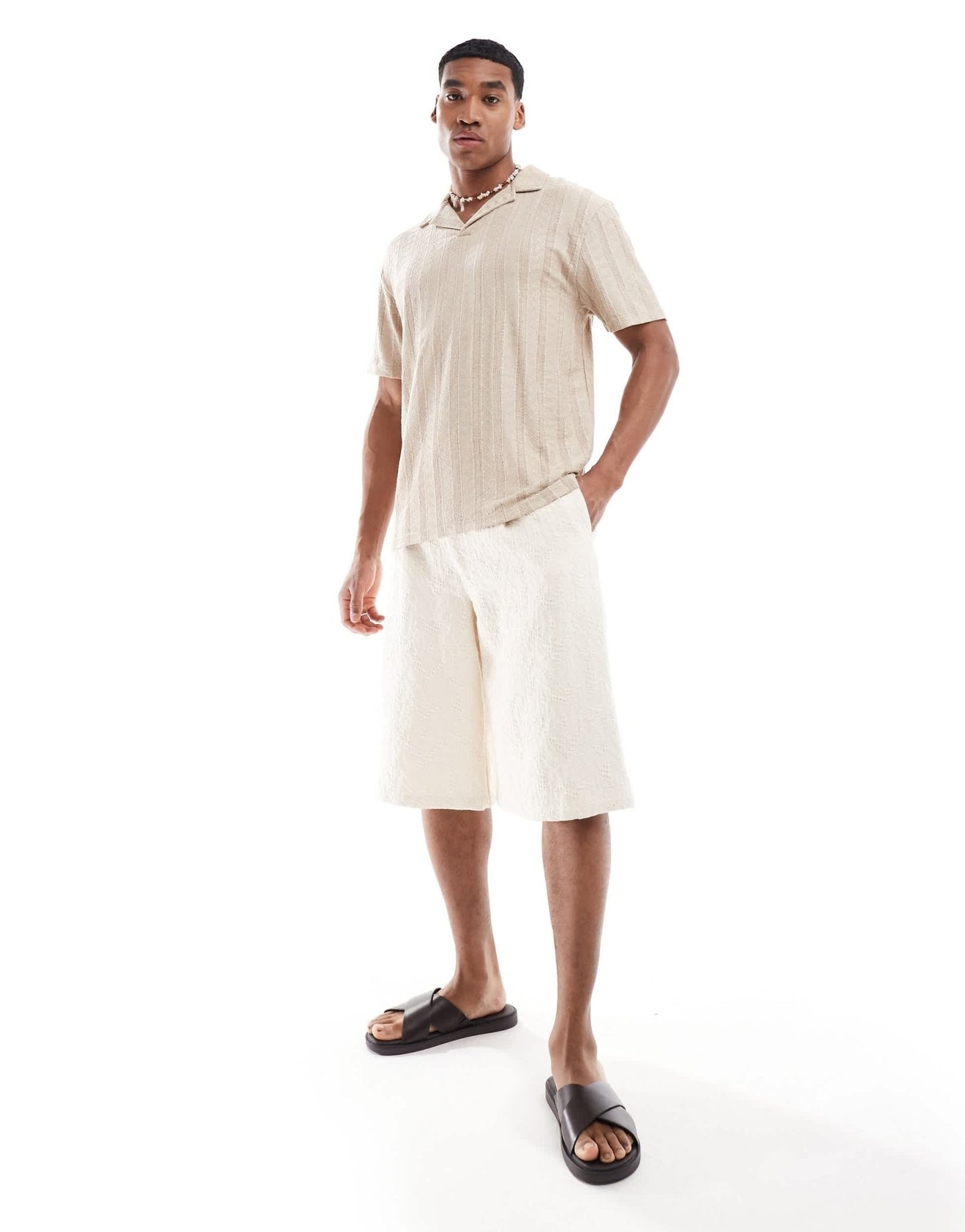 ASOS DESIGN relaxed polo with revere collar in beige textured stripe - ASOS Sample Sale EU Store
