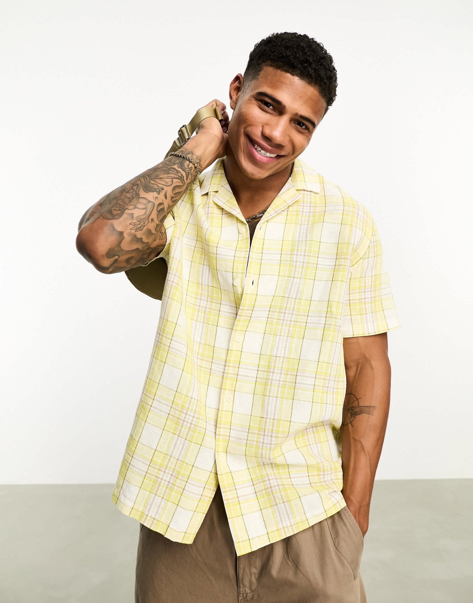 ASOS DESIGN relaxed revere linen mix check shirt in yellow - ASOS Sample Sale EU Store