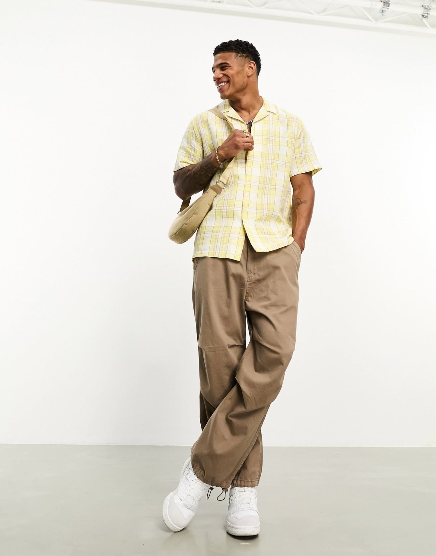 ASOS DESIGN relaxed revere linen mix check shirt in yellow - ASOS Sample Sale EU Store