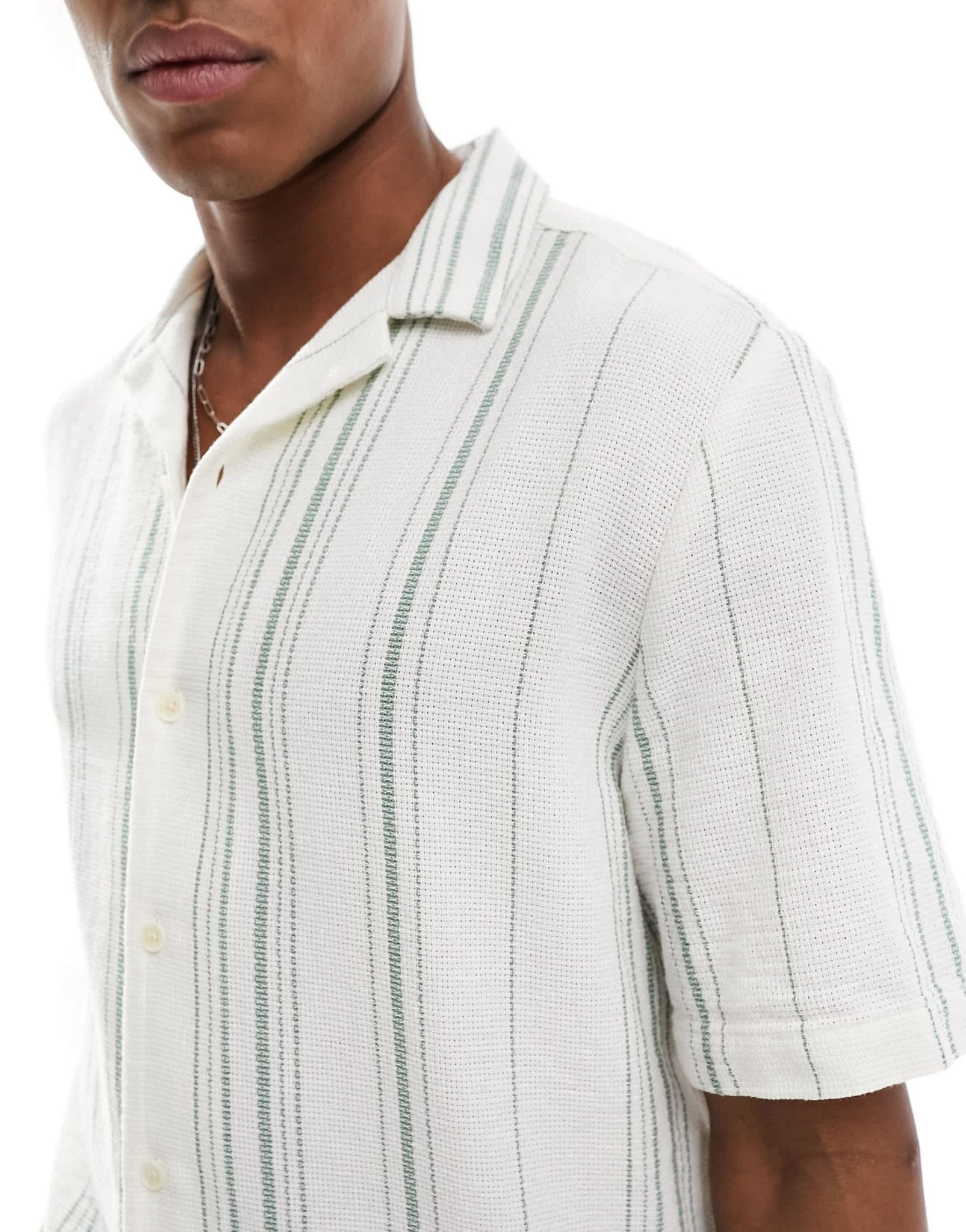 ASOS DESIGN relaxed revere shirt in basket weave stripe in green and white - ASOS Sample Sale EU Store