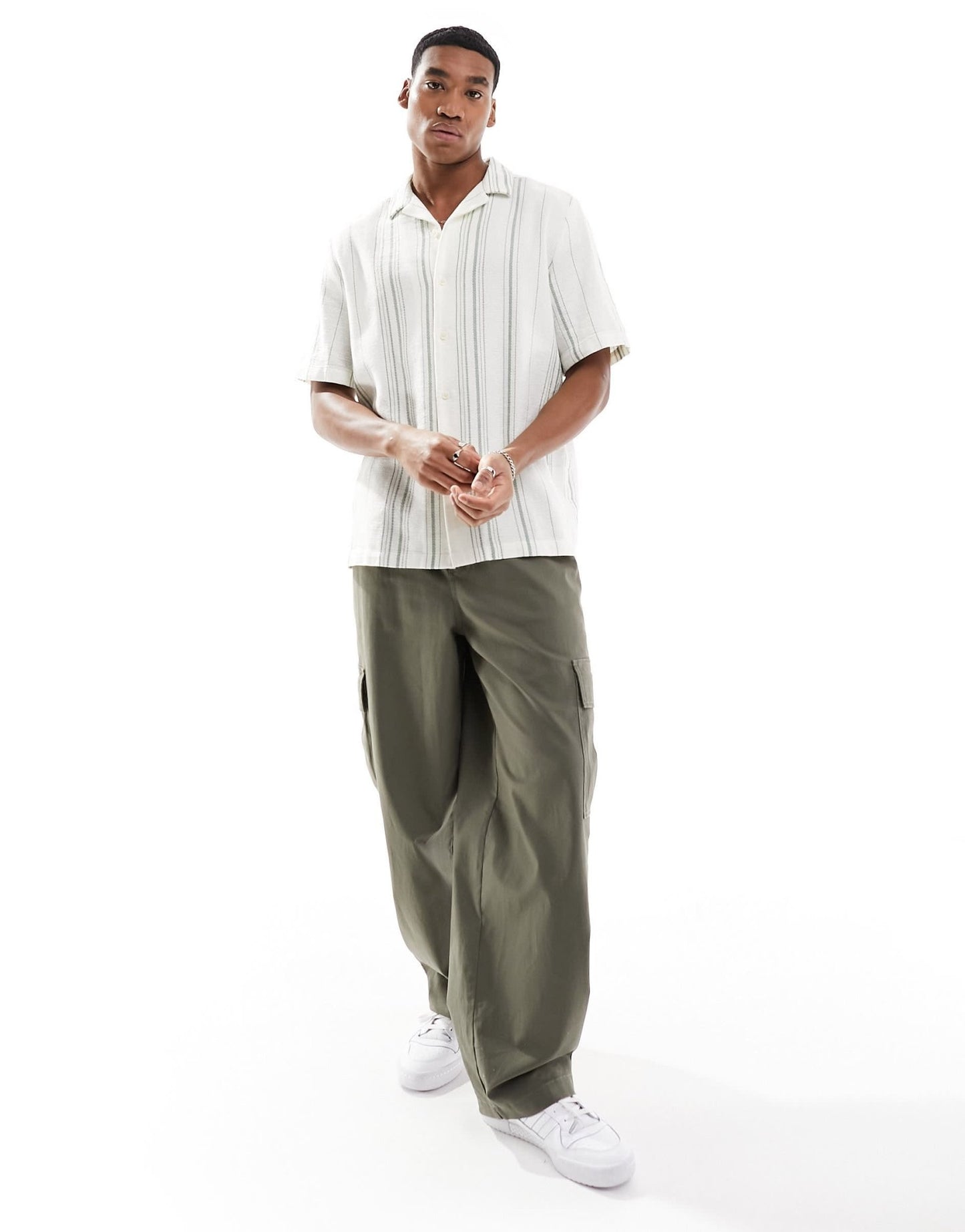 ASOS DESIGN relaxed revere shirt in basket weave stripe in green and white - ASOS Sample Sale EU Store