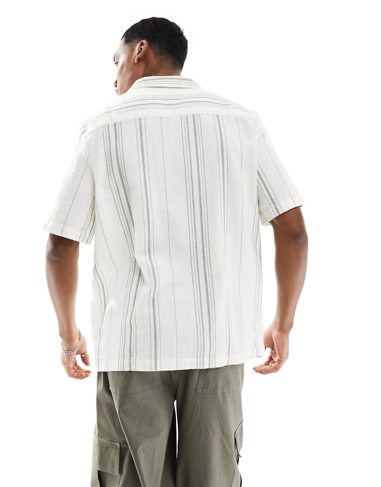 ASOS DESIGN relaxed revere shirt in basket weave stripe in green and white - ASOS Sample Sale EU Store