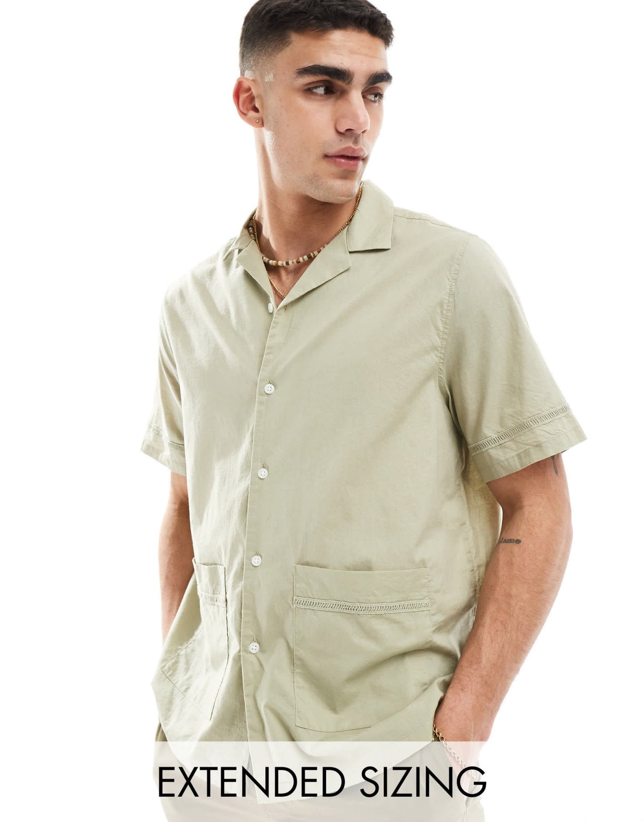ASOS DESIGN relaxed revere shirt in cotton poplin with trim in olive green - ASOS Sample Sale EU Store