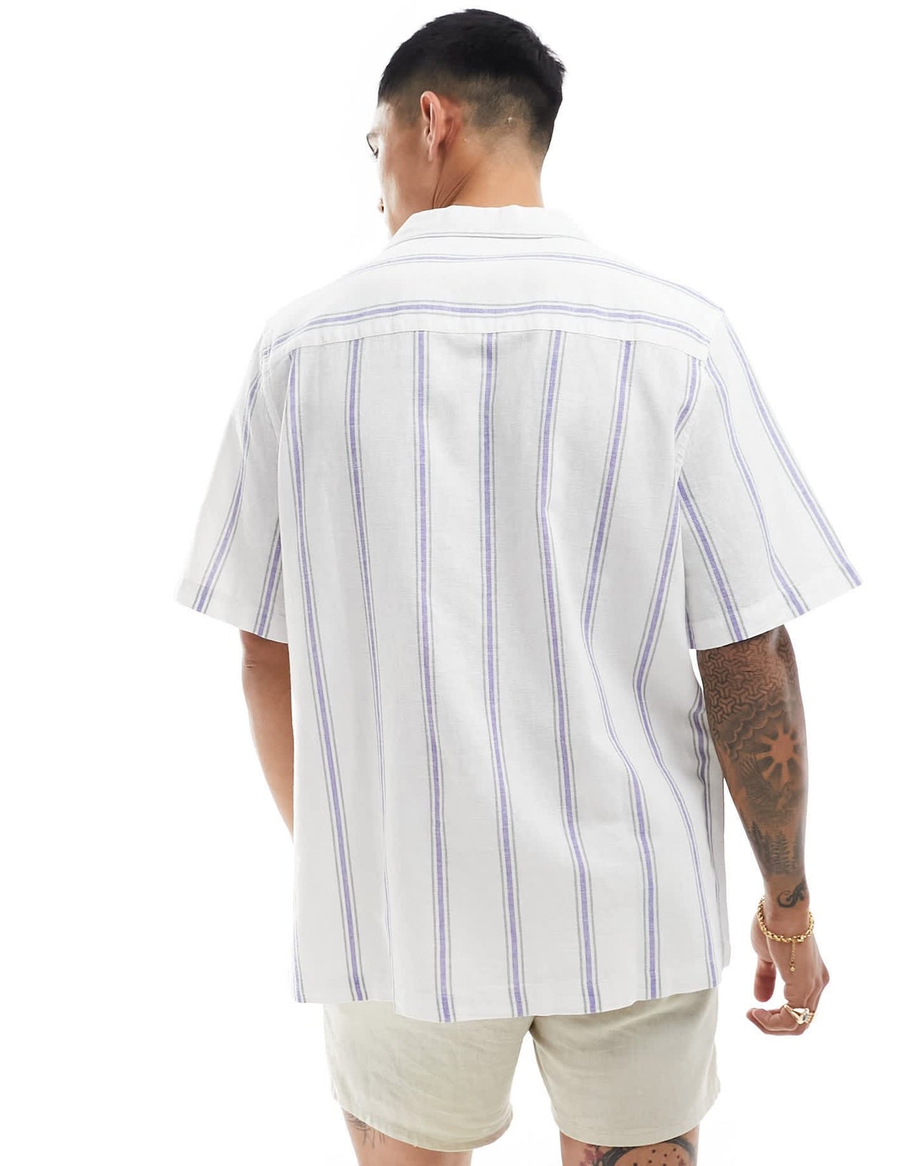 ASOS DESIGN relaxed revere shirt in linen mix stripe in blue - ASOS Sample Sale EU Store