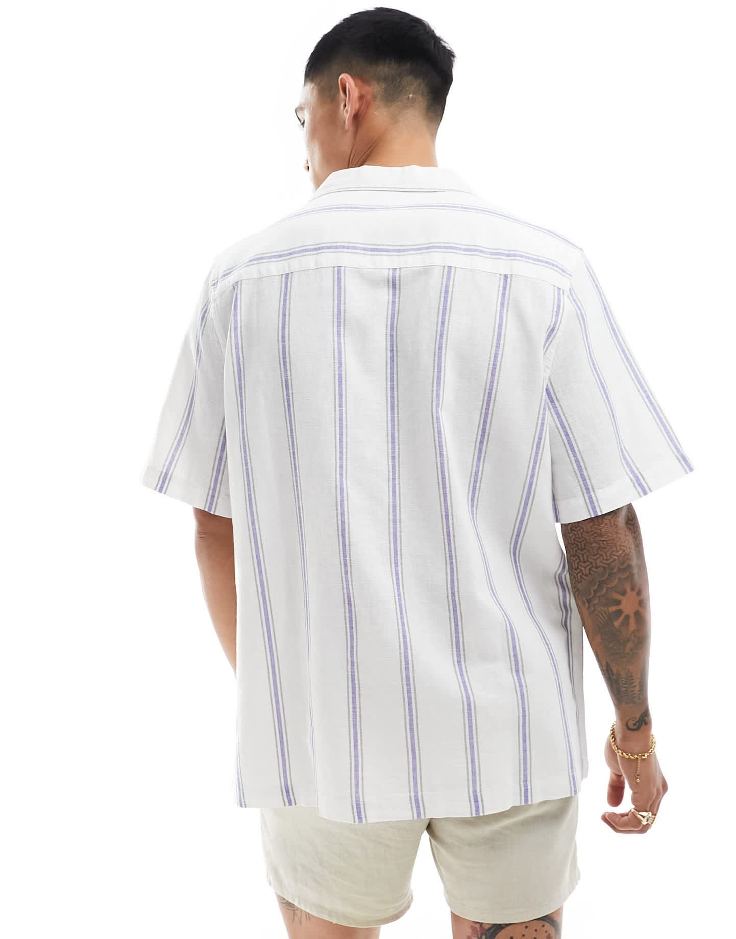 ASOS DESIGN relaxed revere shirt in linen mix stripe in blue - ASOS Sample Sale EU Store