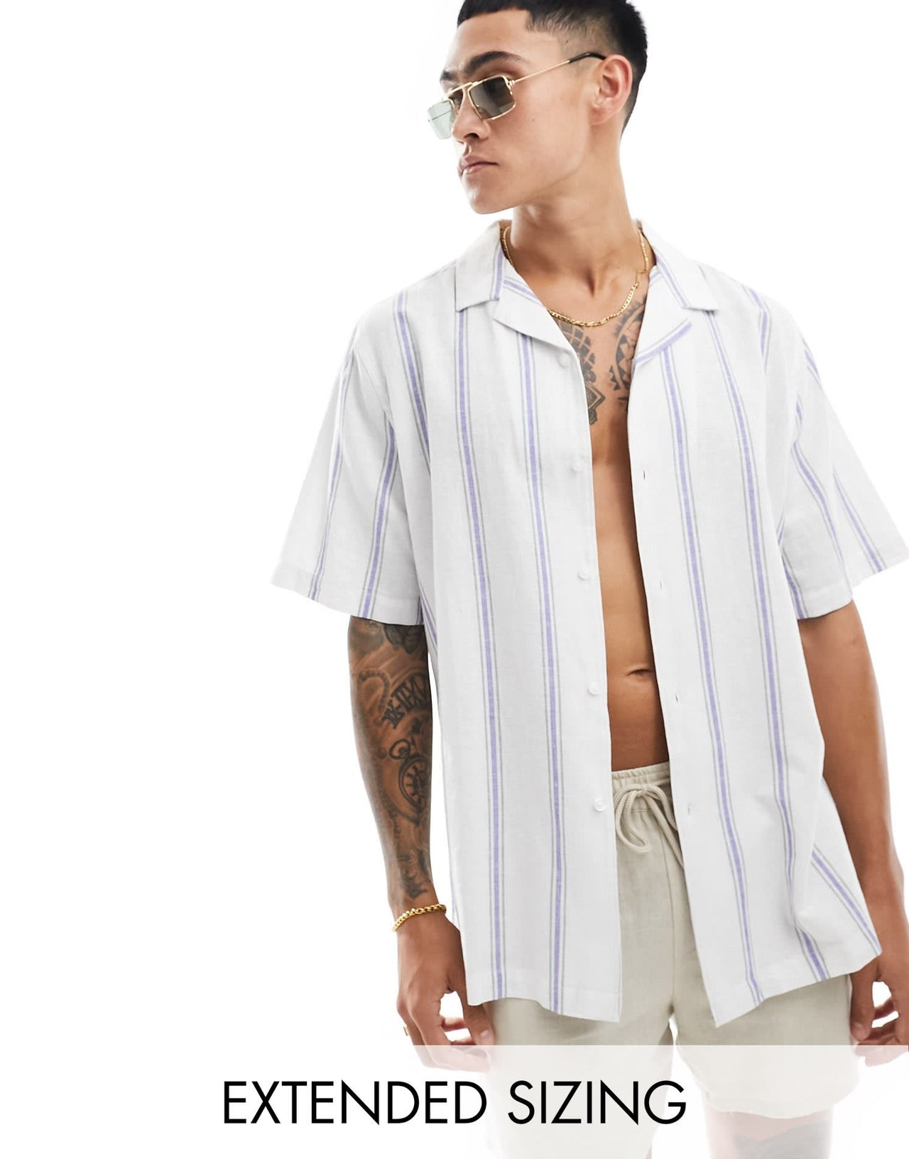 ASOS DESIGN relaxed revere shirt in linen mix stripe in blue - ASOS Sample Sale EU Store