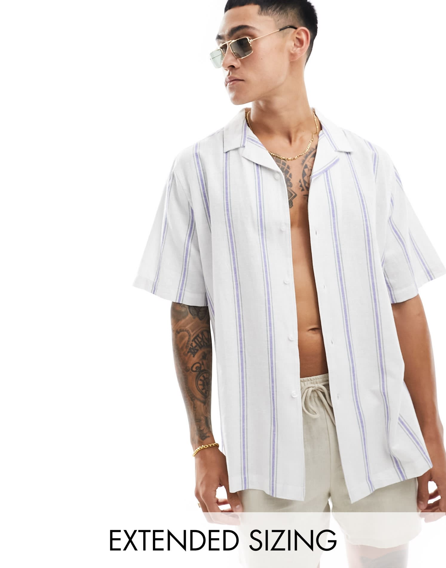 ASOS DESIGN relaxed revere shirt in linen mix stripe in blue - ASOS Sample Sale EU Store