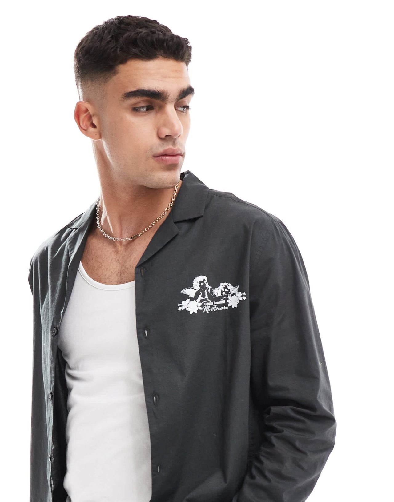 ASOS DESIGN relaxed revere shirt with cherub placement print in charcoal - ASOS Sample Sale EU Store
