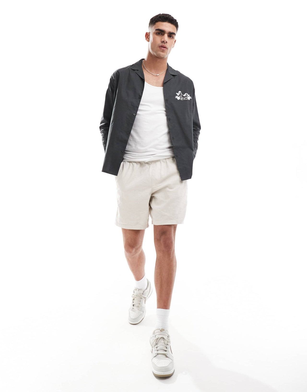 ASOS DESIGN relaxed revere shirt with cherub placement print in charcoal - ASOS Sample Sale EU Store