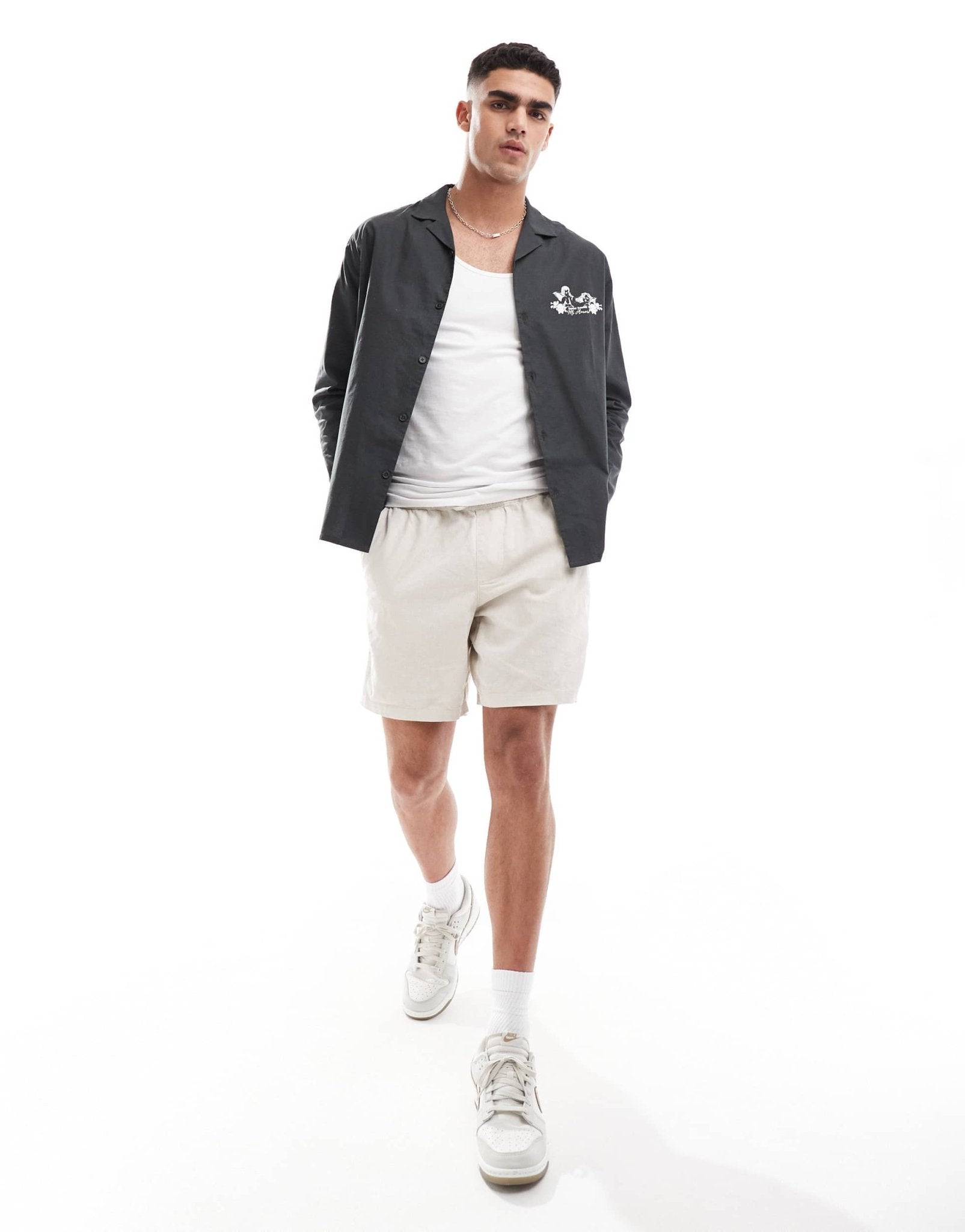 ASOS DESIGN relaxed revere shirt with cherub placement print in charcoal - ASOS Sample Sale EU Store