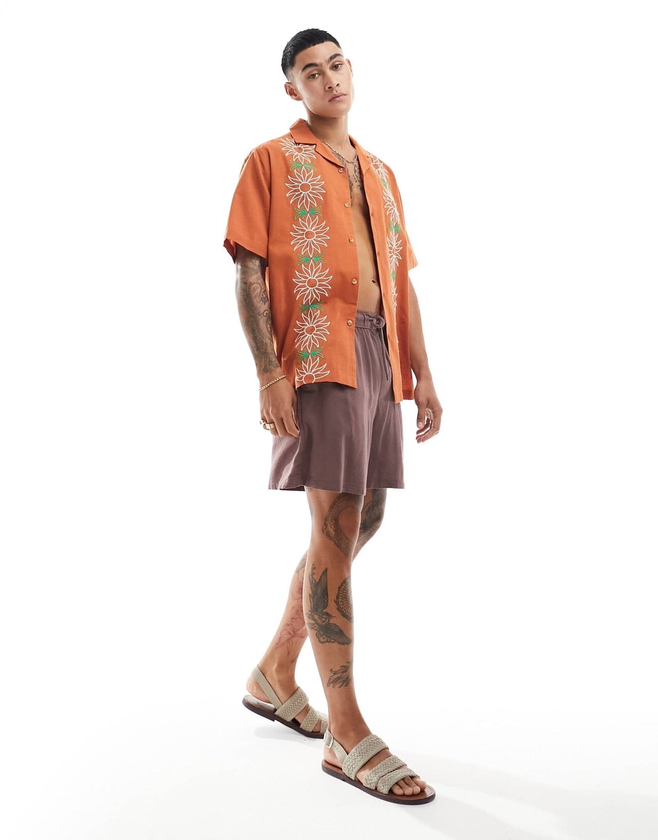 ASOS DESIGN relaxed revere shirt with floral applique in orange - ASOS Sample Sale EU Store
