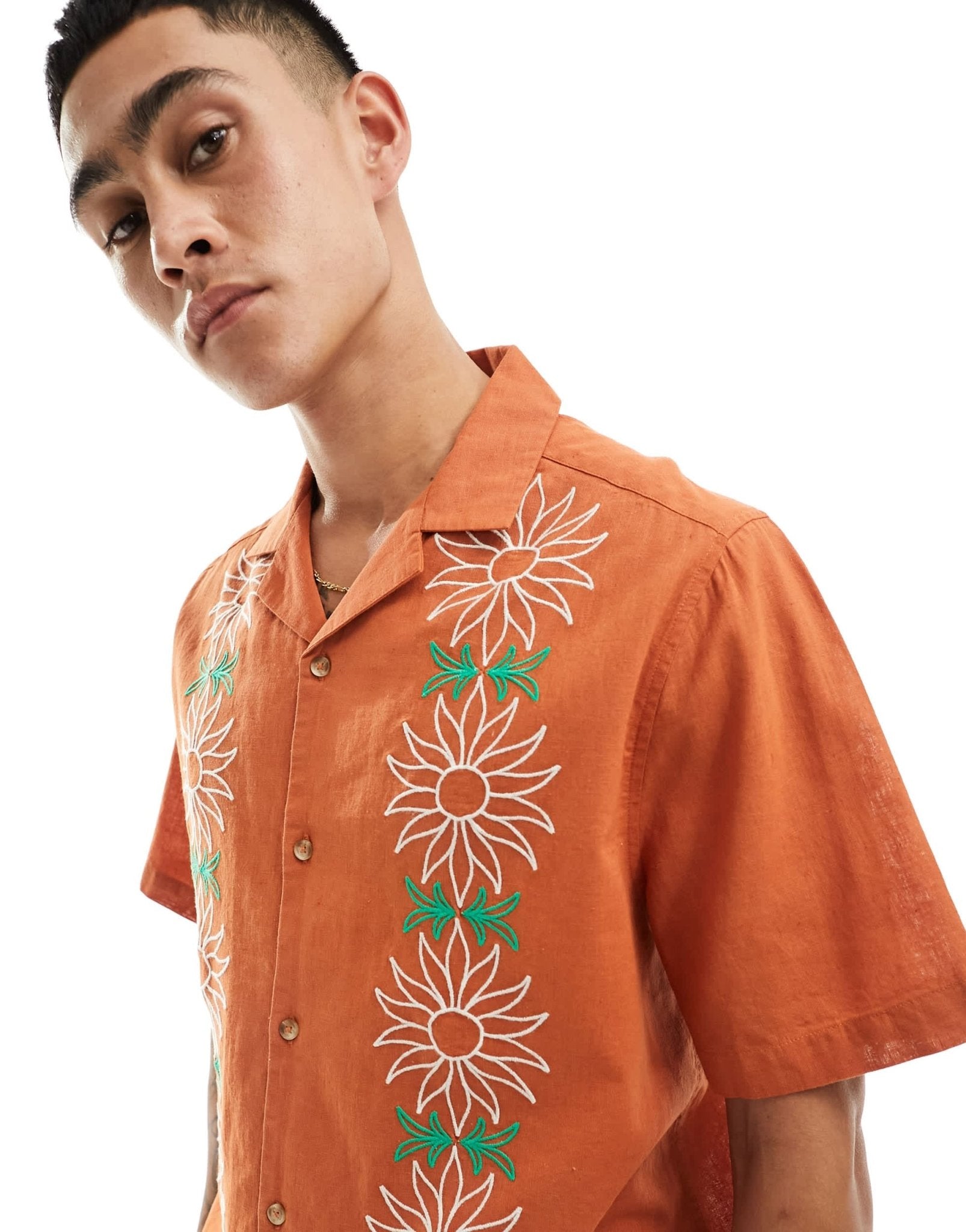 ASOS DESIGN relaxed revere shirt with floral applique in orange - ASOS Sample Sale EU Store