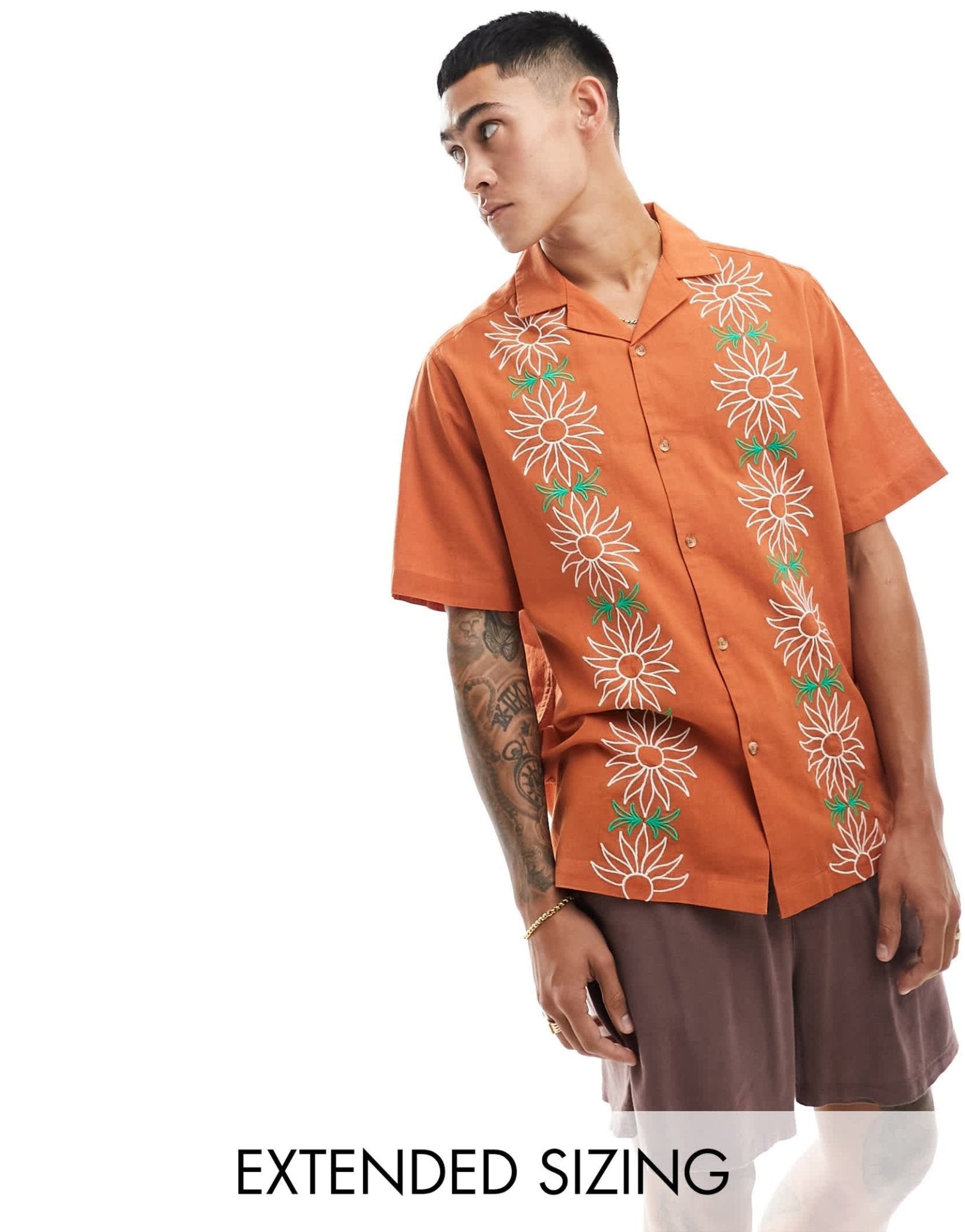 ASOS DESIGN relaxed revere shirt with floral applique in orange - ASOS Sample Sale EU Store