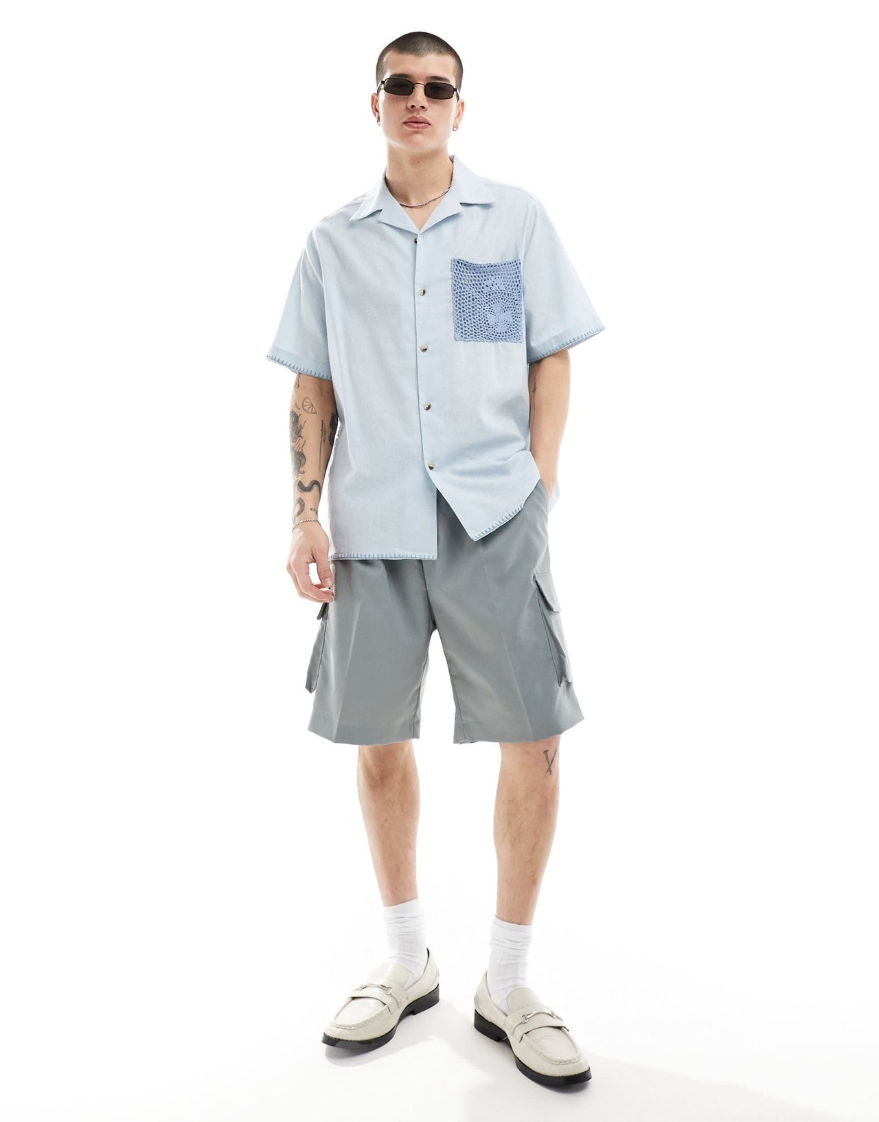 ASOS DESIGN relaxed revere shirt with lace pocket in light blue - ASOS Sample Sale EU Store