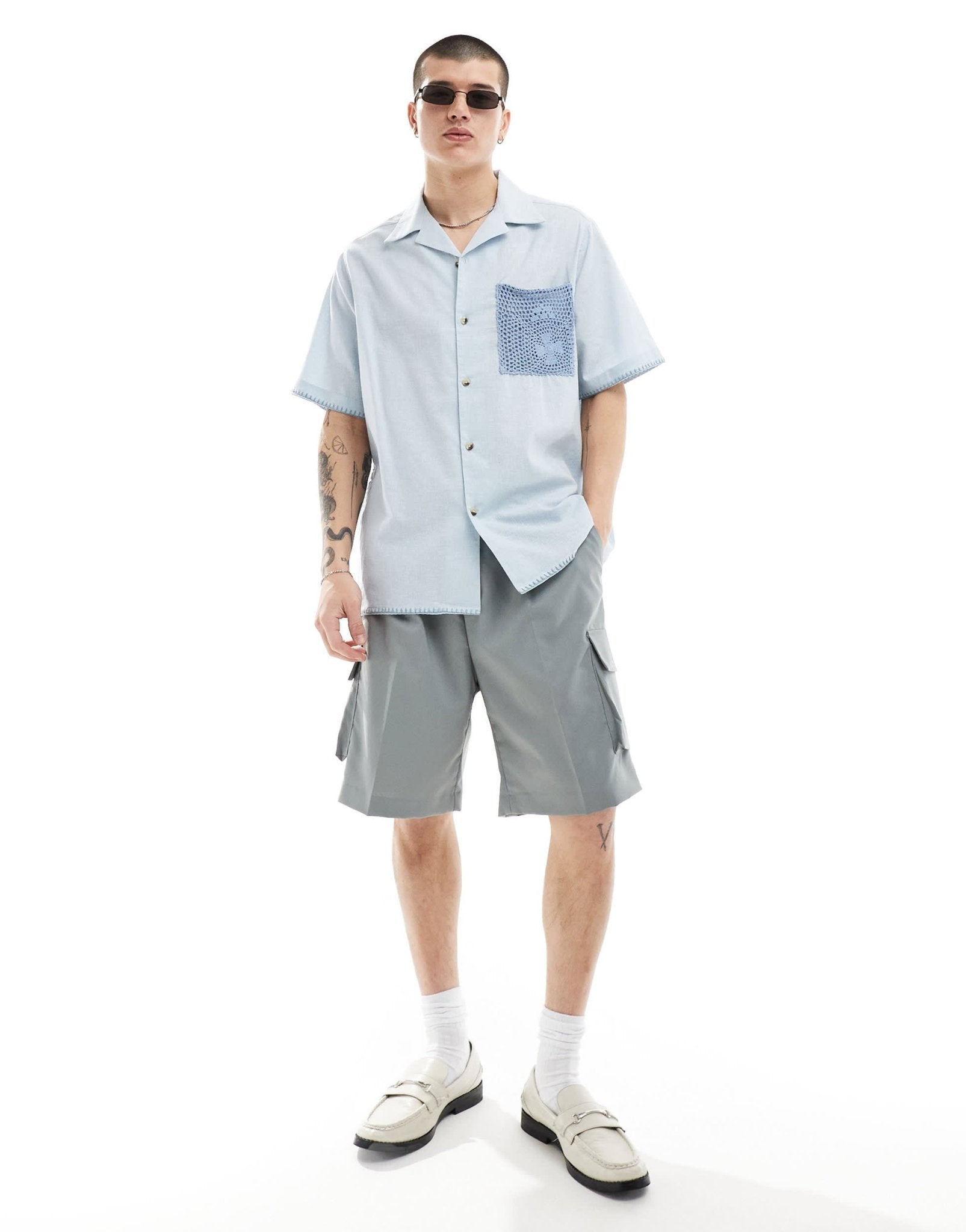 ASOS DESIGN relaxed revere shirt with lace pocket in light blue - ASOS Sample Sale EU Store