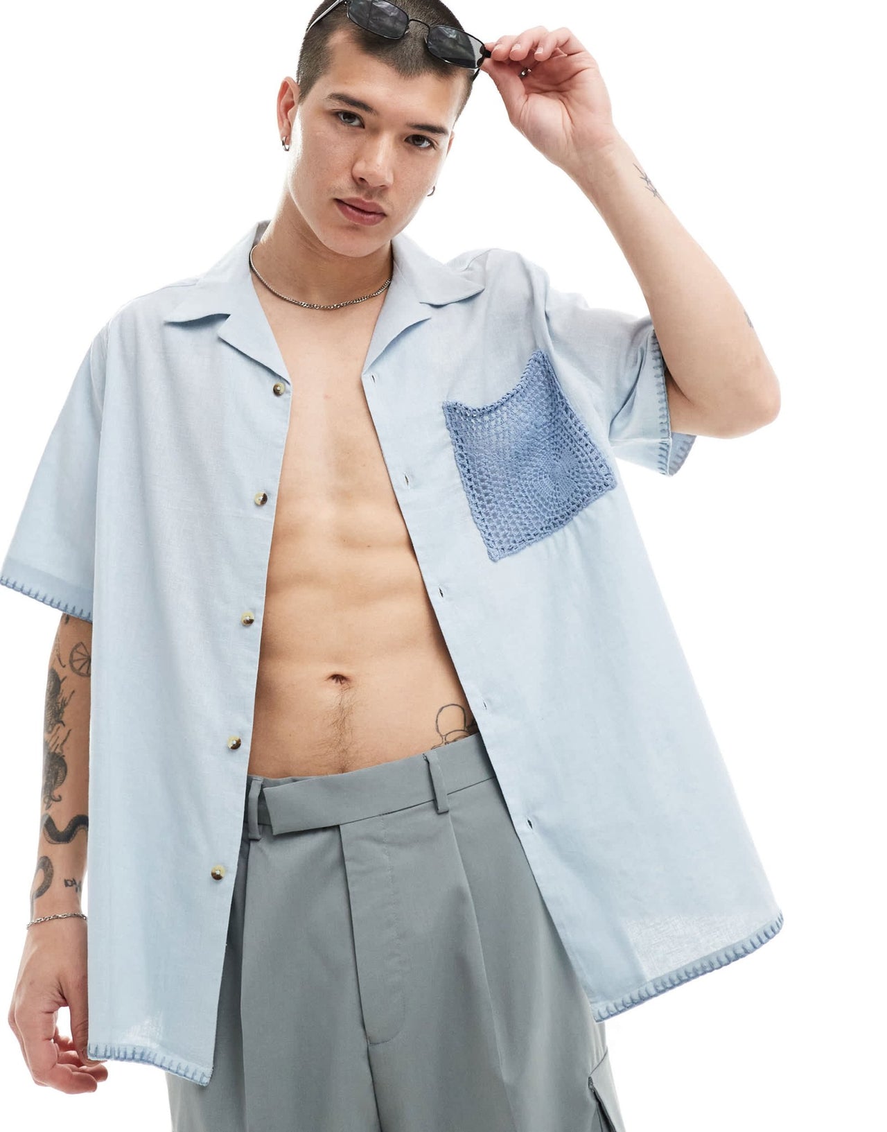 ASOS DESIGN relaxed revere shirt with lace pocket in light blue - ASOS Sample Sale EU Store
