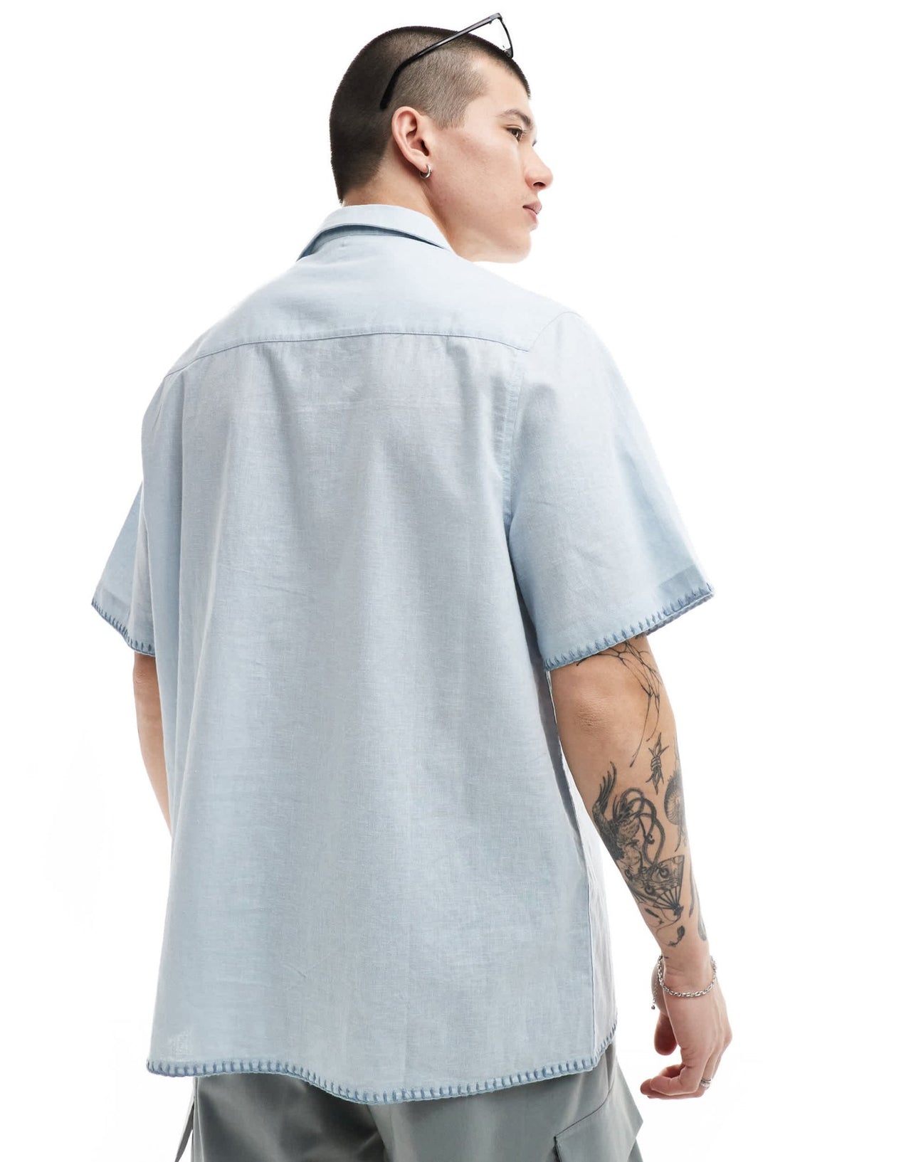 ASOS DESIGN relaxed revere shirt with lace pocket in light blue - ASOS Sample Sale EU Store