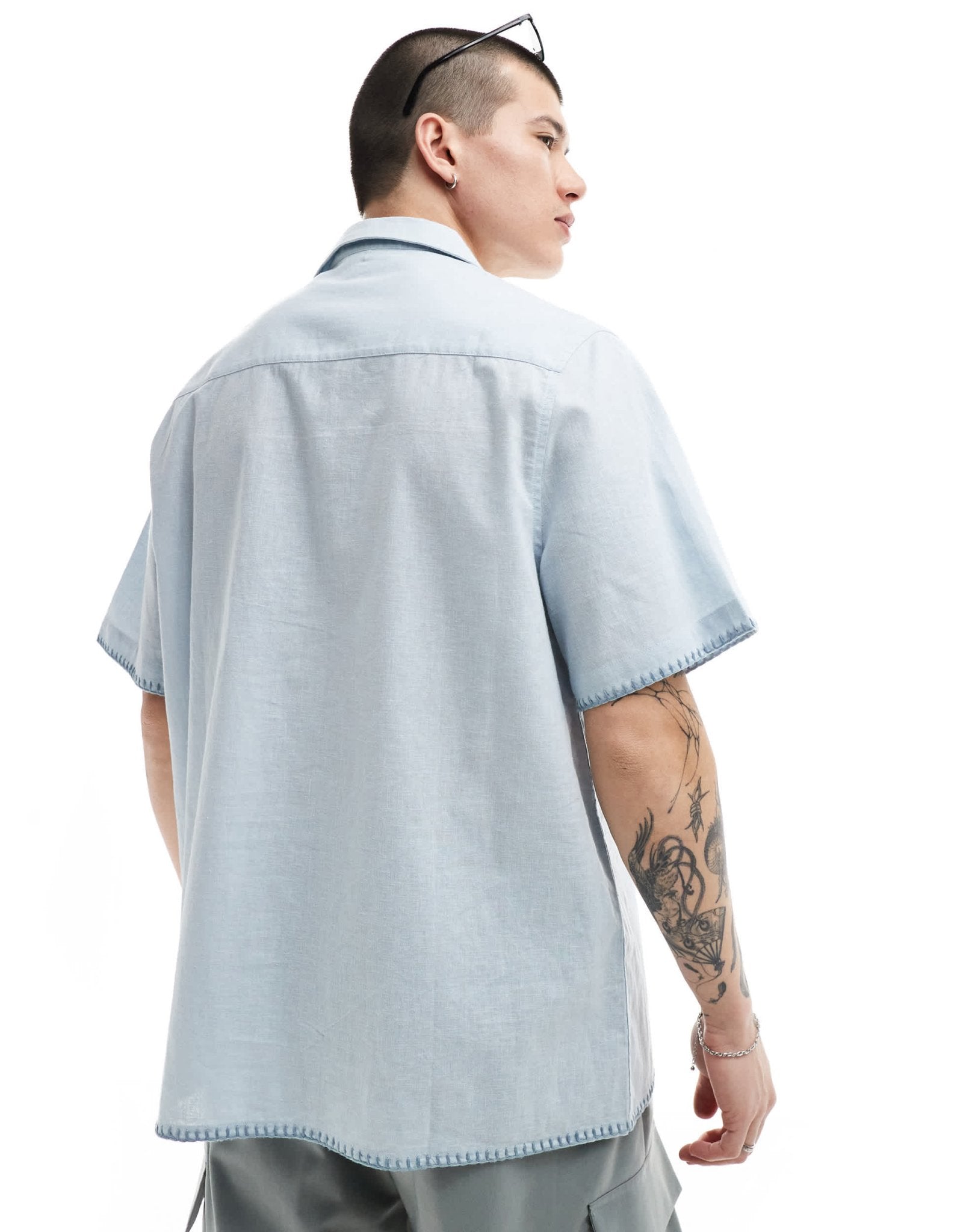 ASOS DESIGN relaxed revere shirt with lace pocket in light blue - ASOS Sample Sale EU Store